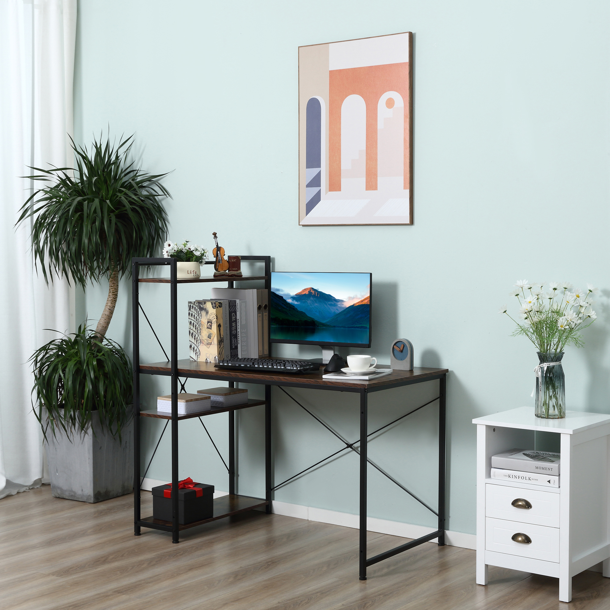 HOMCOM Study Desk, Computer Table with 4-Tier Bookshelf, Home Office Workstation, Metal Frame, Wooden Top, Rustic Brown & Black