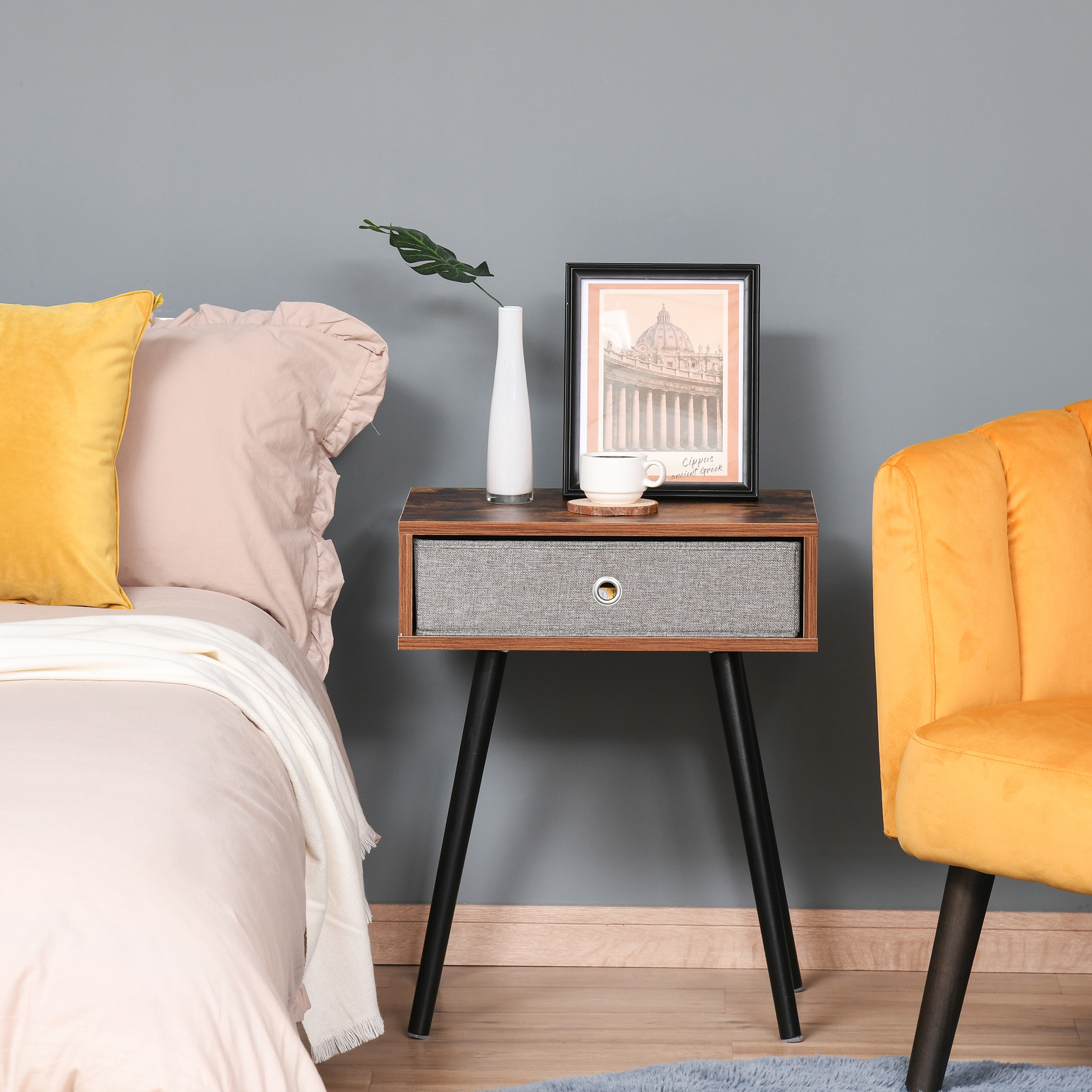 HOMCOM Side Table, Nightstand, End Table with Removable Fabric Drawer, Retro Style Accent Furniture with Wooden Legs, Rustic Brown and Black