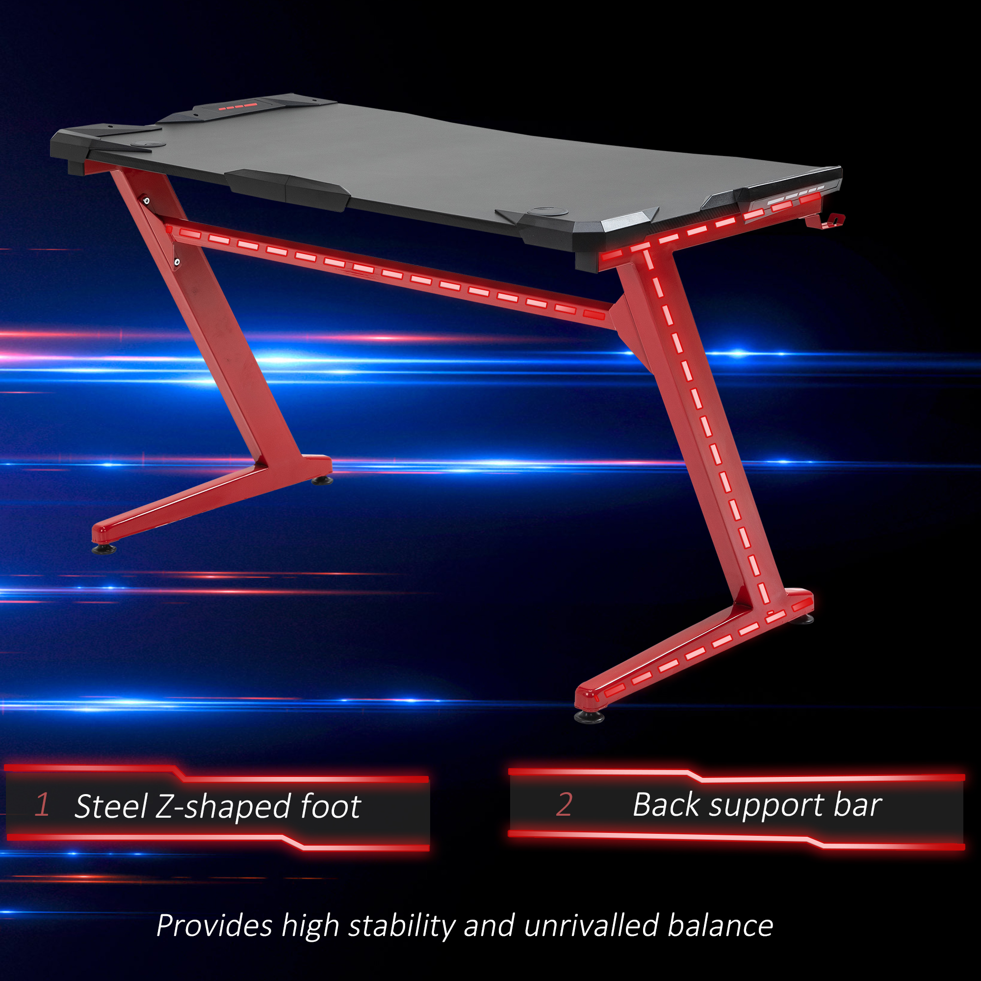 HOMCOM Gaming Desk, Ergonomic Home Office Desk, Gamer Workstation Racing Table, with Headphone Hook and Cup Holder, 122 x 66 x 86cm, Black and Red