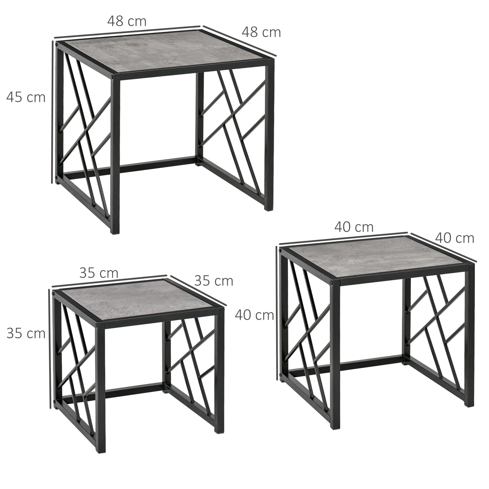 HOMCOM Set of 3 Nest of Tables, Square Side Tables with Black Metal Frame, for Living Room, Bedroom and Office, Grey
