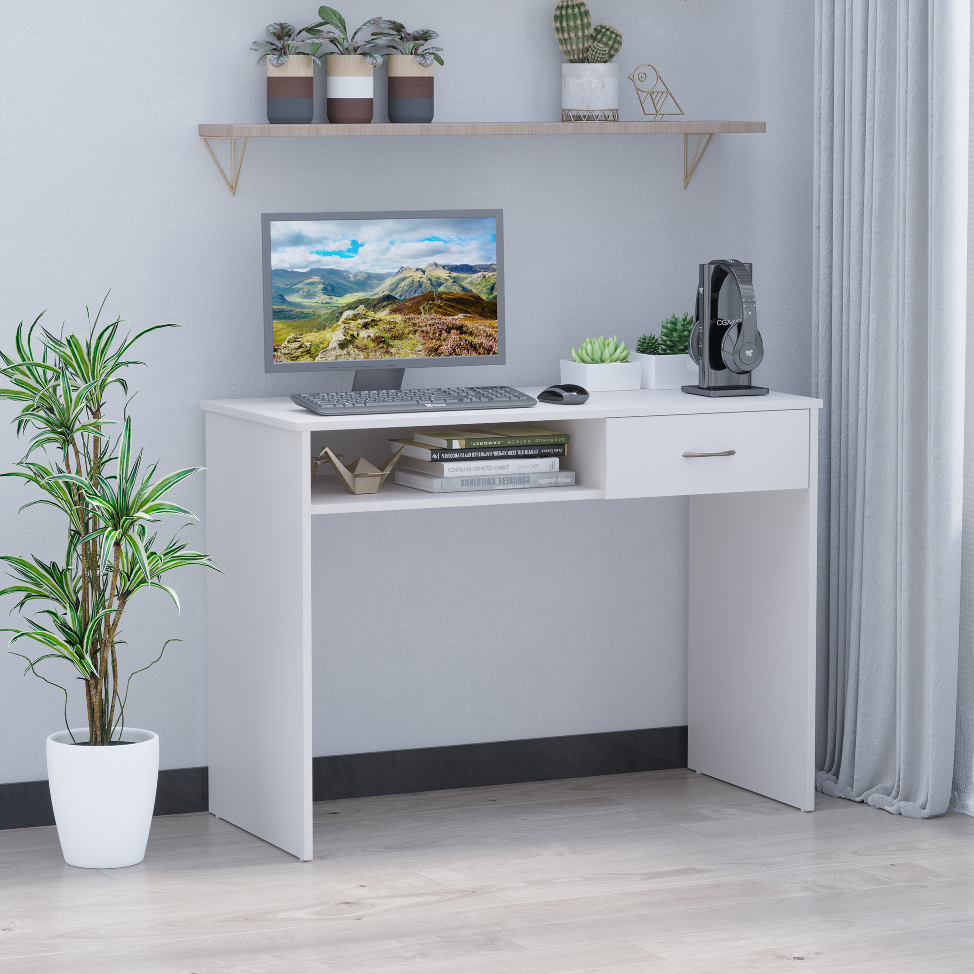 HOMCOM Computer Desk with Shelf Drawer, Study Table with Storage Compartment, Writing Station, Stylish Display Storage, White