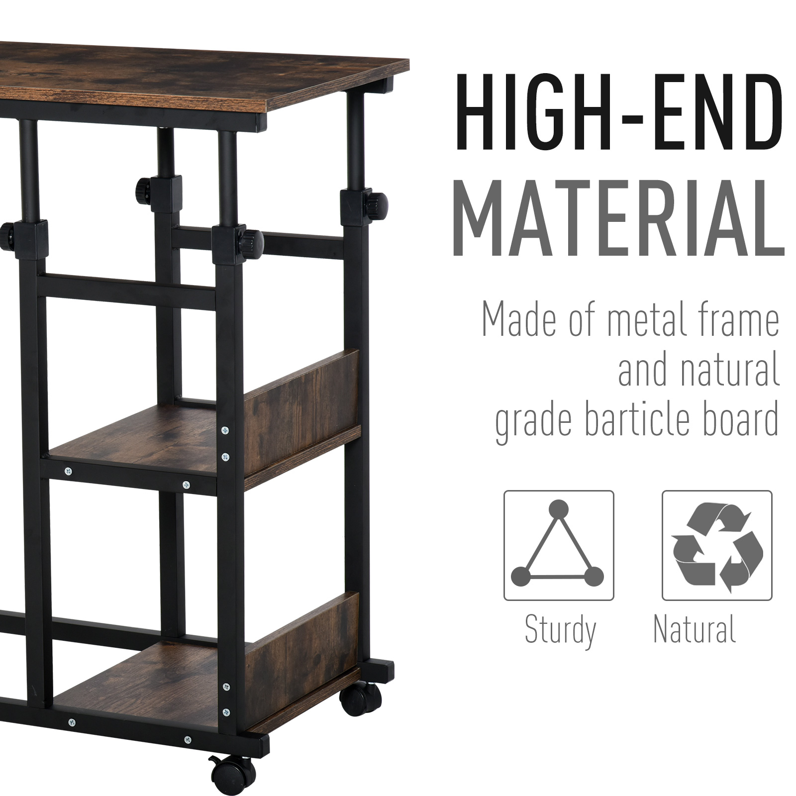 HOMCOM Industrial C-Shaped Side Table, Mobile End Desk with 3-Tier Storage, Adjustable Height, on Wheels