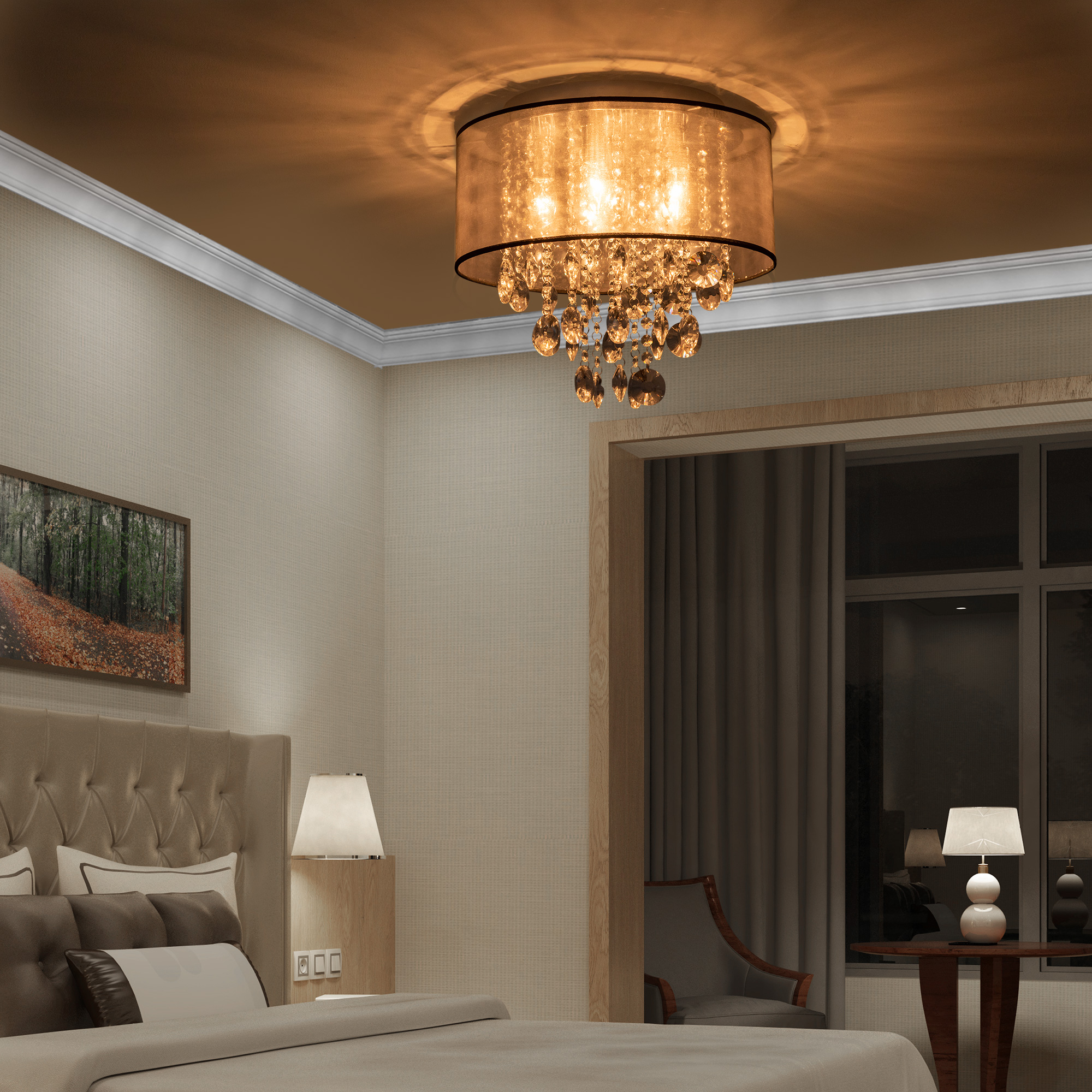 HOMCOM Modern Crystal Chandelier Flush Mount LED Ceiling Light with Drum Shade for Living Room Bedroom Dining Room Silver