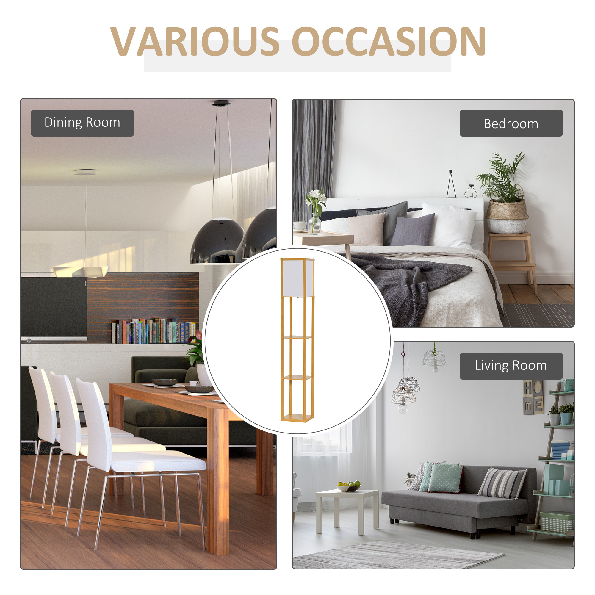 HOMCOM 3-Tier Floor Lamp, Floor Light w/ Storage Shelf, Reading Standing Lamp for Living Room, Bedroom, Office, Dorm, 160cm, Natural