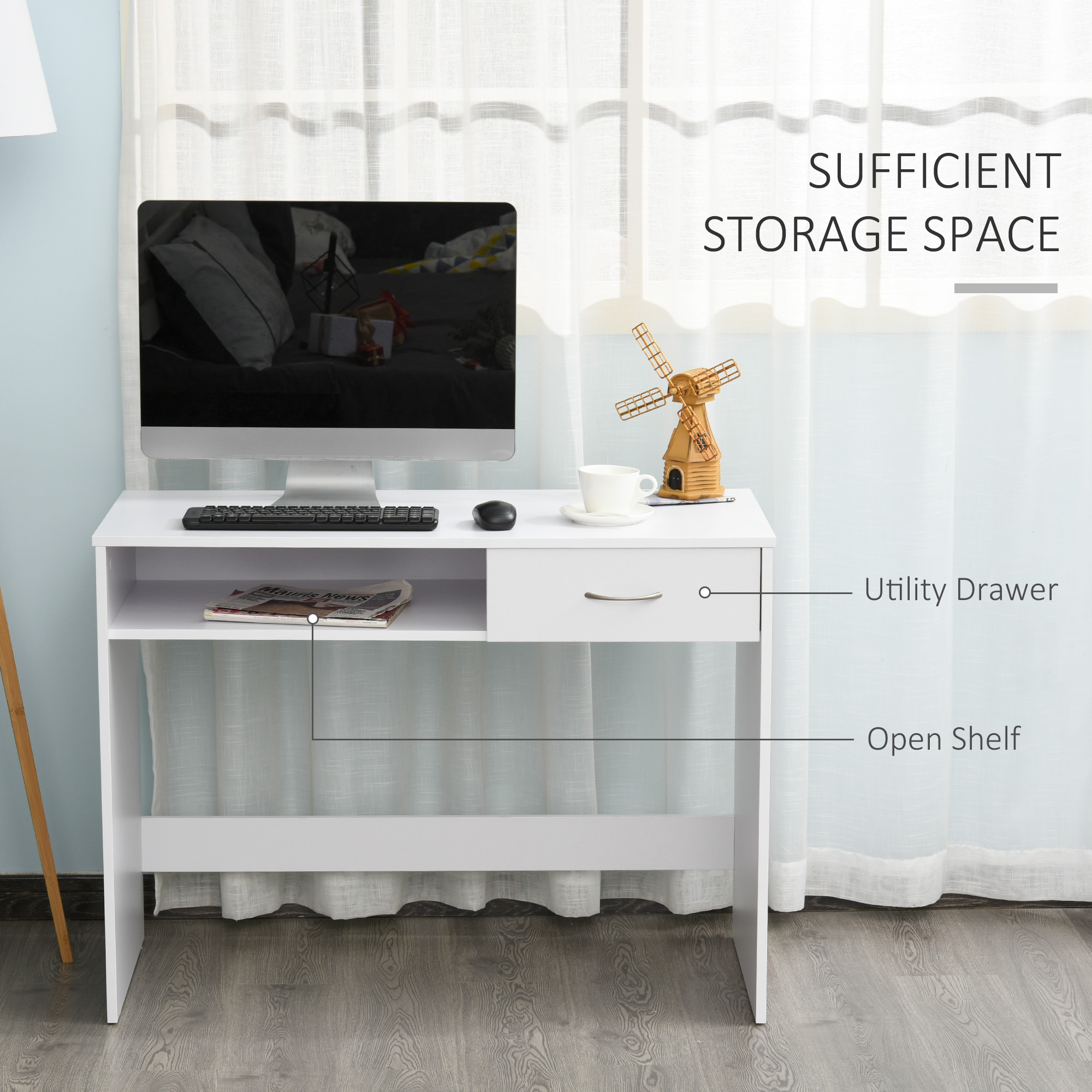 HOMCOM Computer Desk with Shelf Drawer, Study Table with Storage Compartment, Writing Station, Stylish Display Storage, White