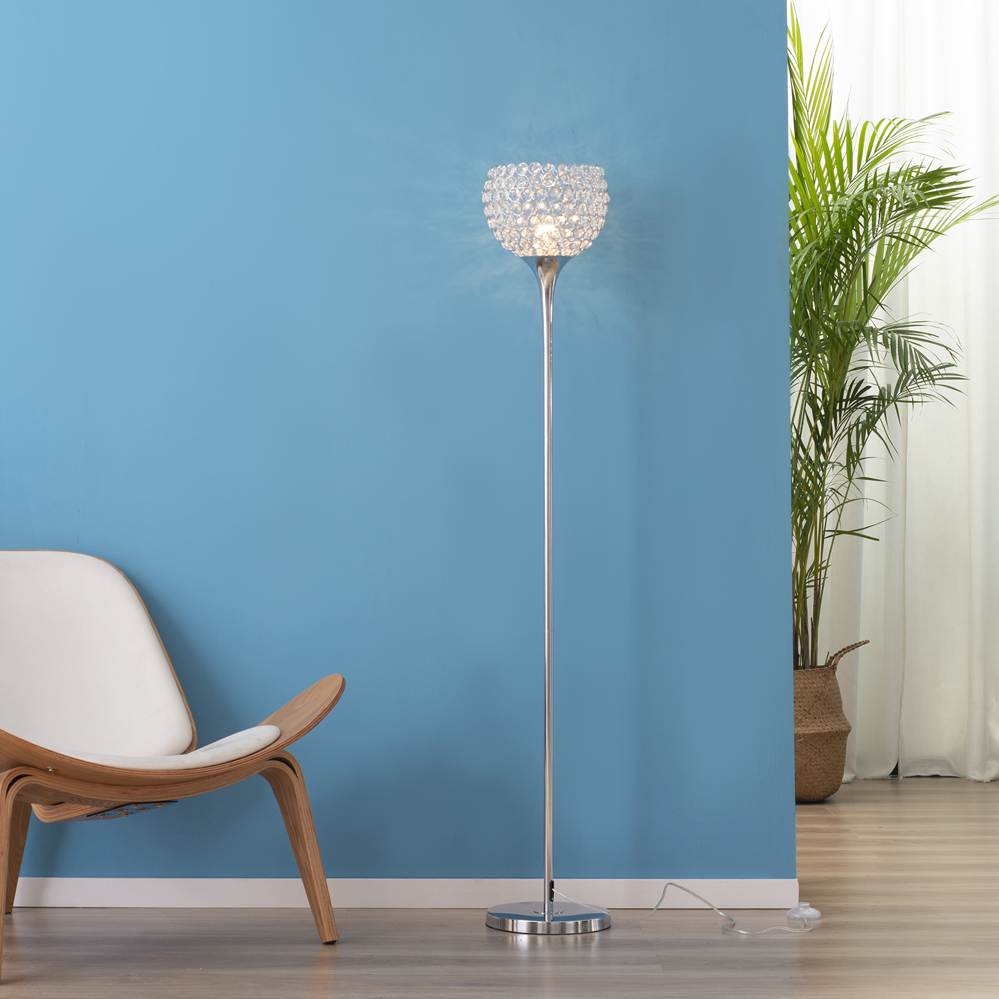 HOMCOM Modern Floor Lamp with K9 Crystal Lampshade, Tall Standing Lamp with E27 Bulb Base and Foot Switch for Living Room Bedroom Study Office Silver