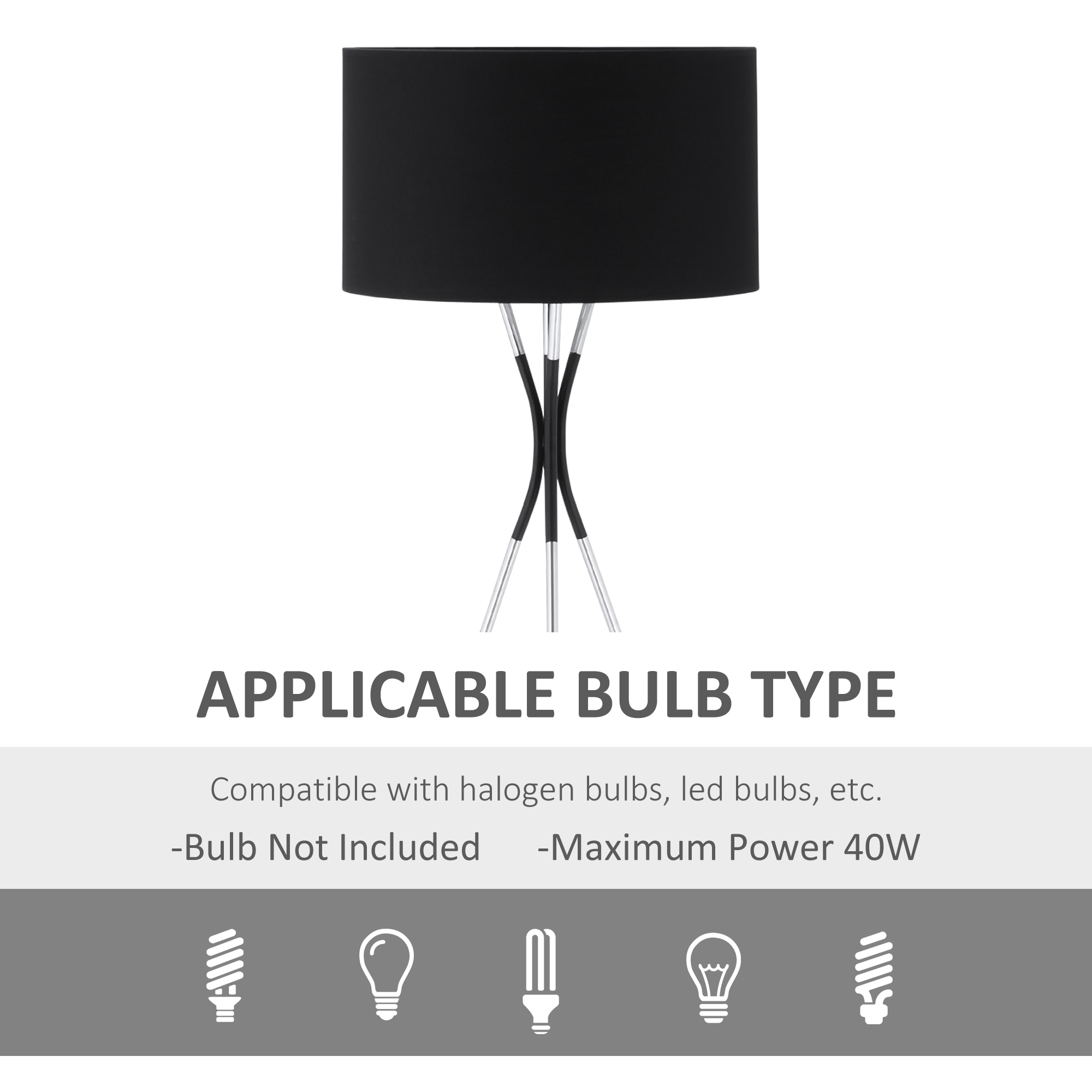 HOMCOM Modern Tripod Floor Lamp, Free Standing Light with Metal Frame, Fabric Lampshade and E27 Base for Living Room, Bedroom, Office, Black 