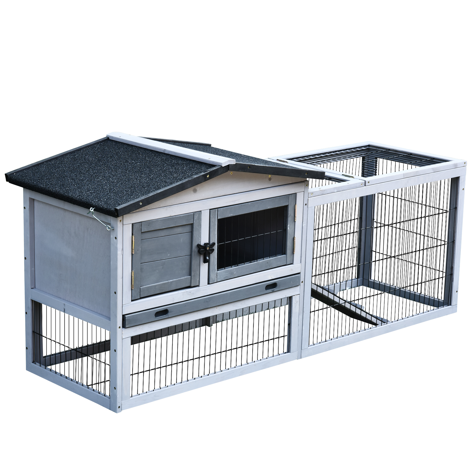 PawHut Small Animal Two-Level Fir Wood Hutch w/ Ramp Burnt Grey from Aosom