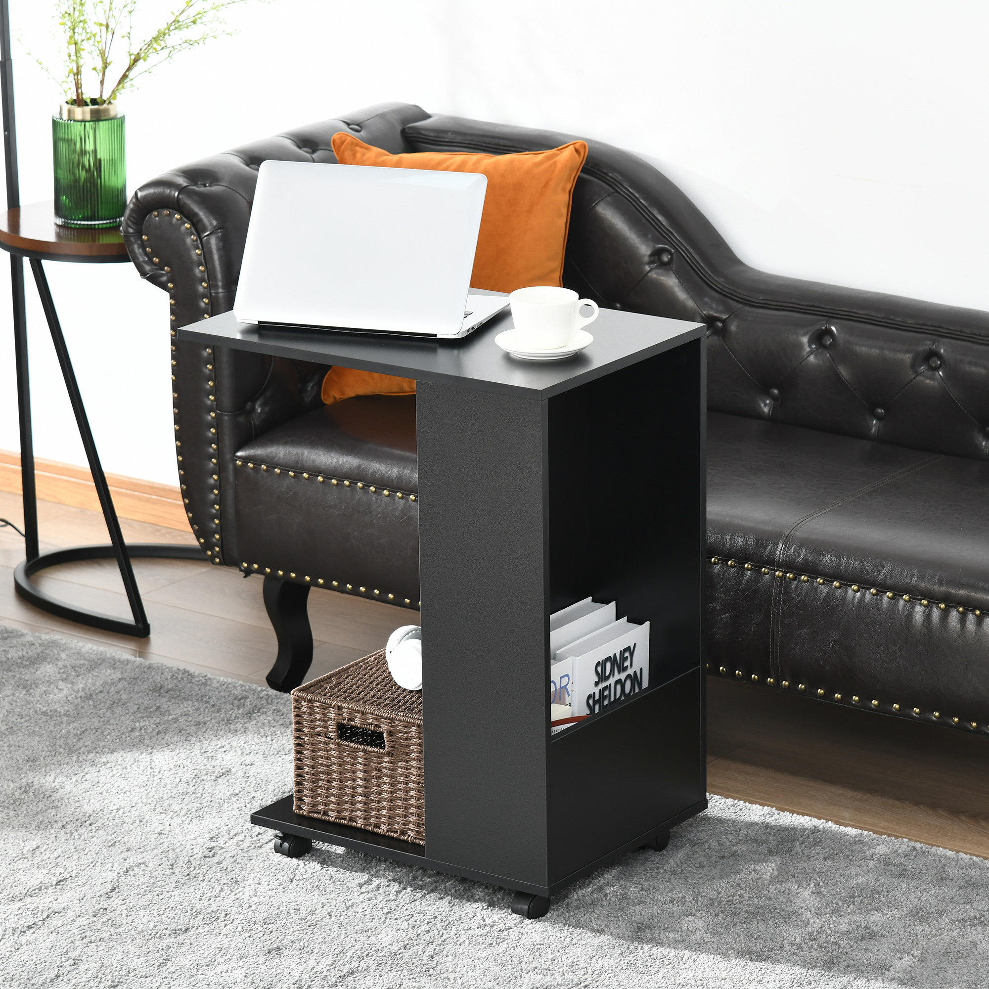 HOMCOM C-Shape End Table, Mobile Sofa Side Table with Storage, Casters for Laptop Coffee Snack, Black