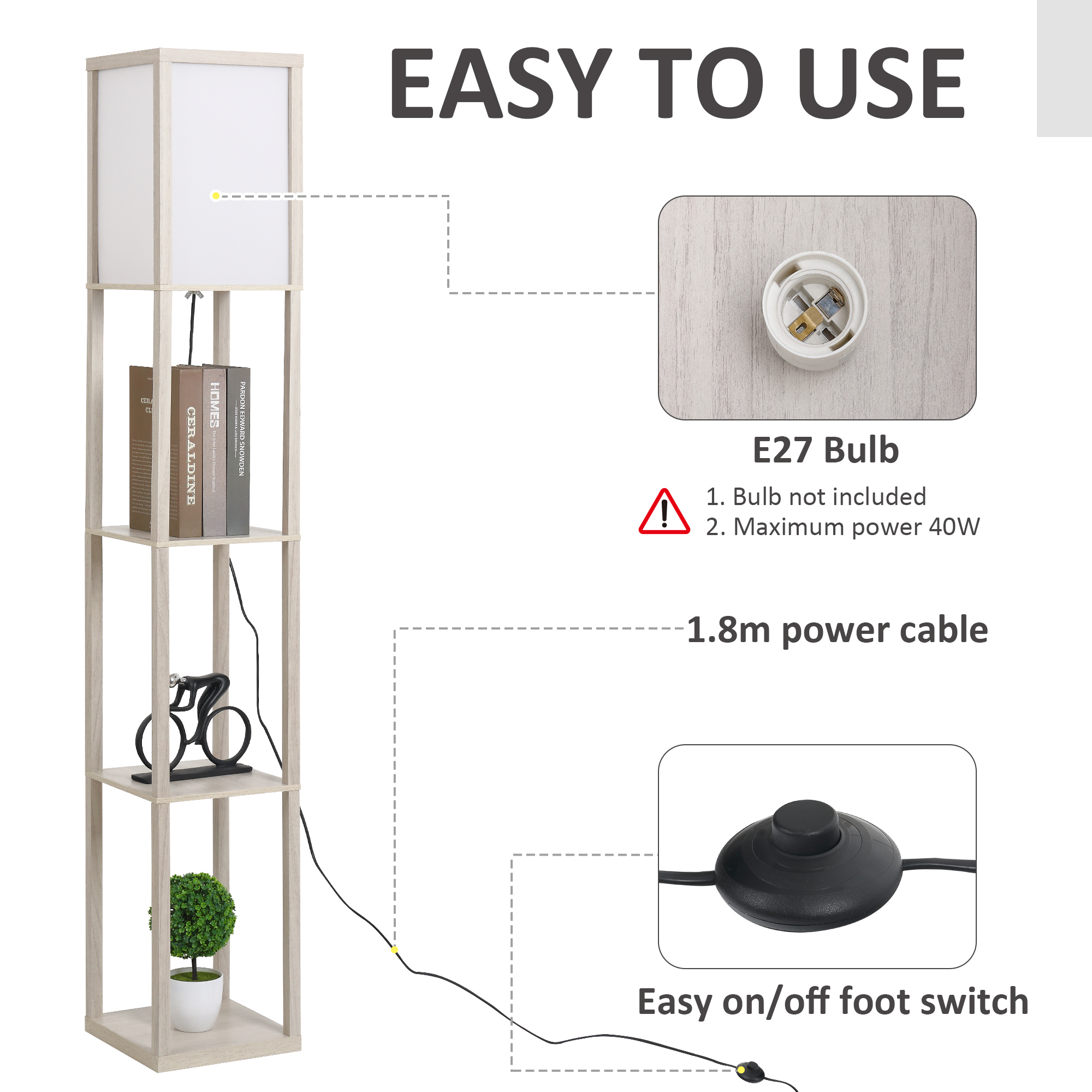 HOMCOM 3-Tier Floor Lamp, Floor Light w/ Storage Shelf, Reading Standing Lamp for Living Room, Bedroom, Office, Dorm, 160cm, Oak