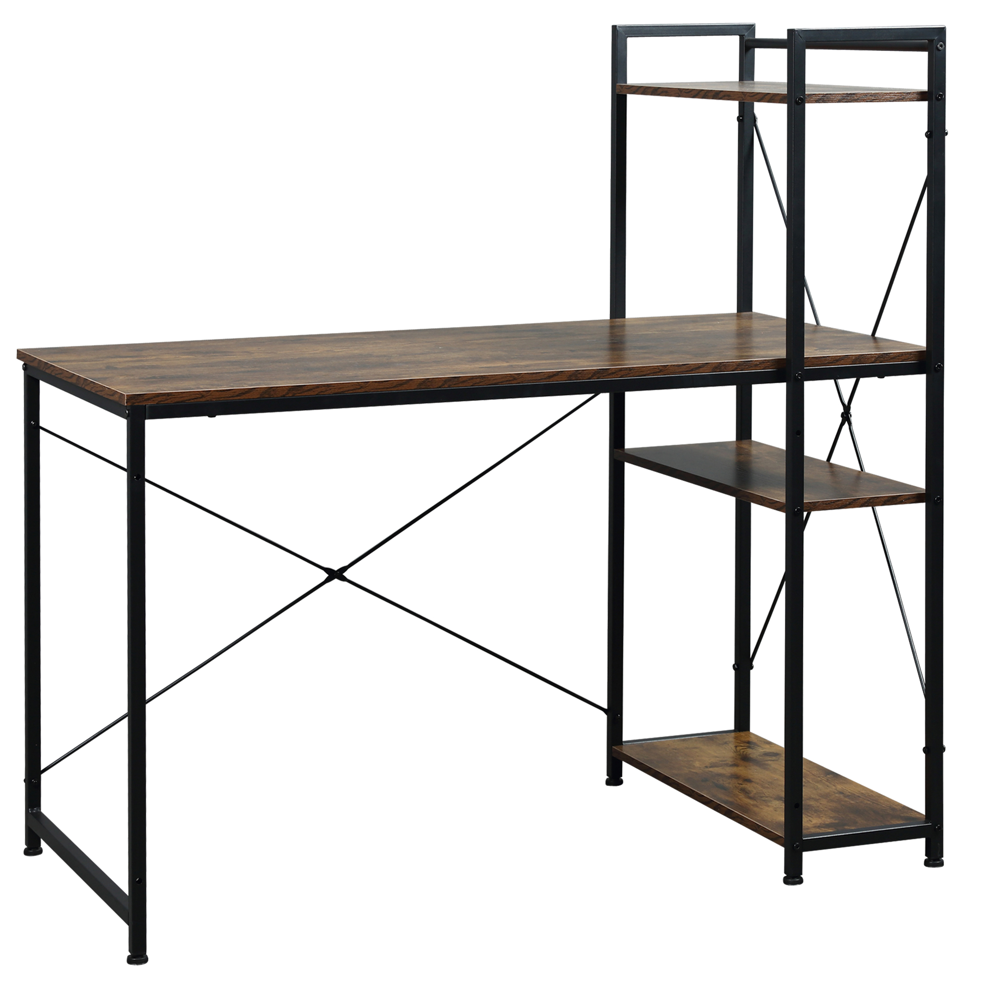 Product photograph of Homcom Study Desk Computer Table With 4-tier Bookshelf Home Office Workstation Metal Frame Wooden Top Rustic Brown Black from Aosom UK