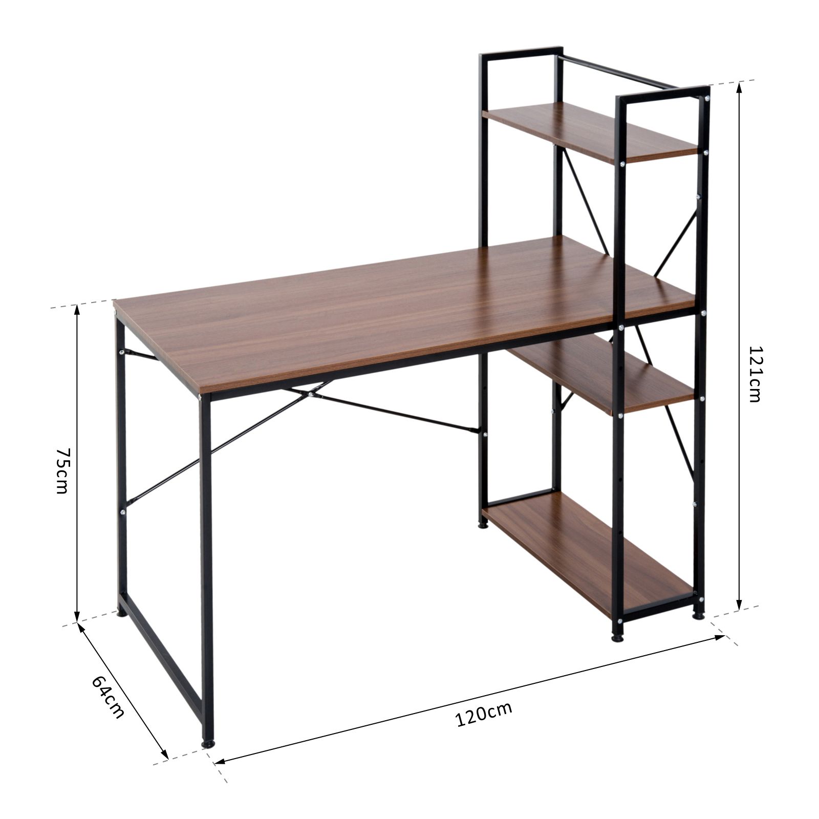 HOMCOM Workstation Desk with 4-Tier Bookshelf, Study PC Table, Home Office, Metal Frame, Wooden Top, Walnut & Black