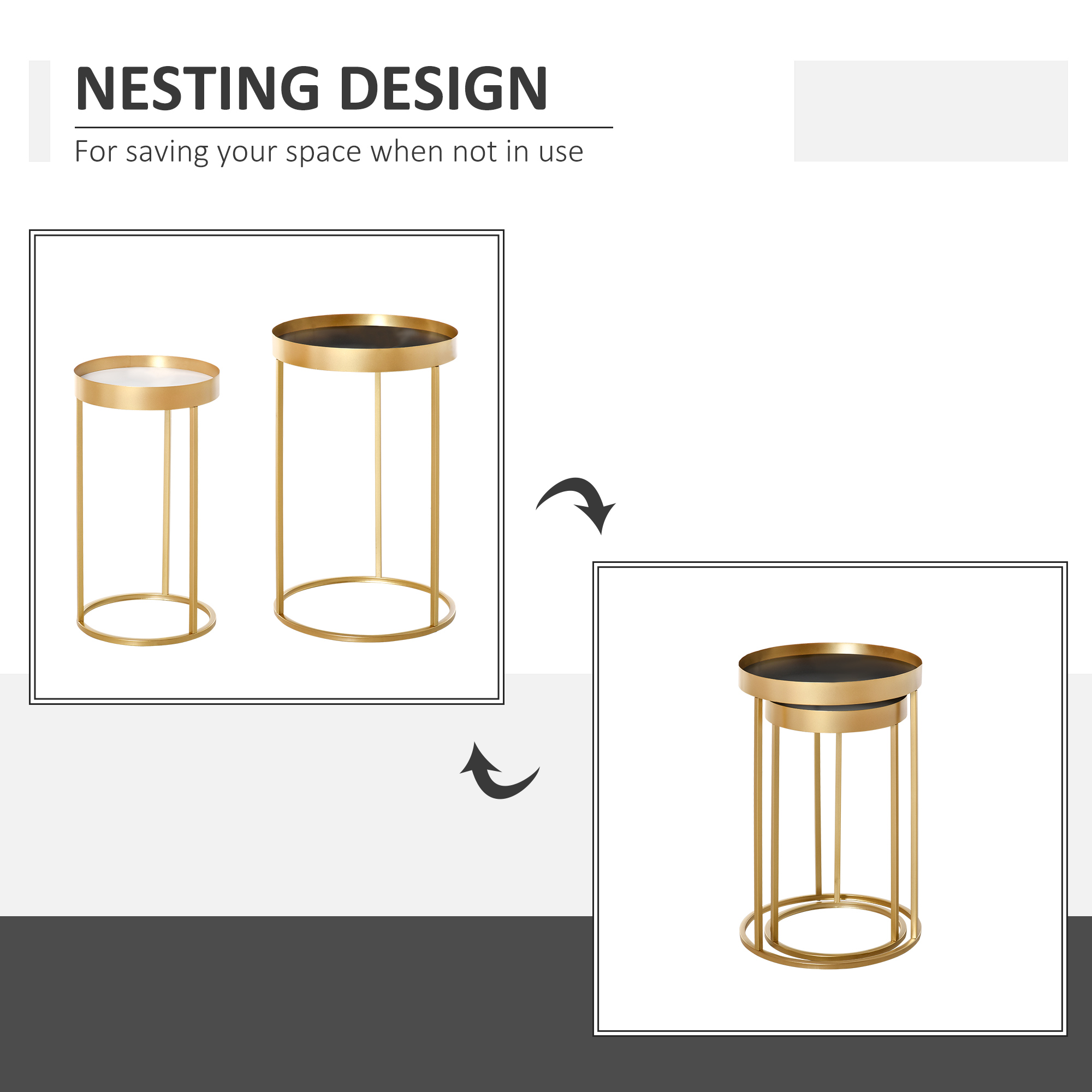 HOMCOM Nesting Coffee Tables, Set of 2, Gold Metal Frame, Marble Colour Embedded Tabletop, Versatile for Living Room, Bedroom.