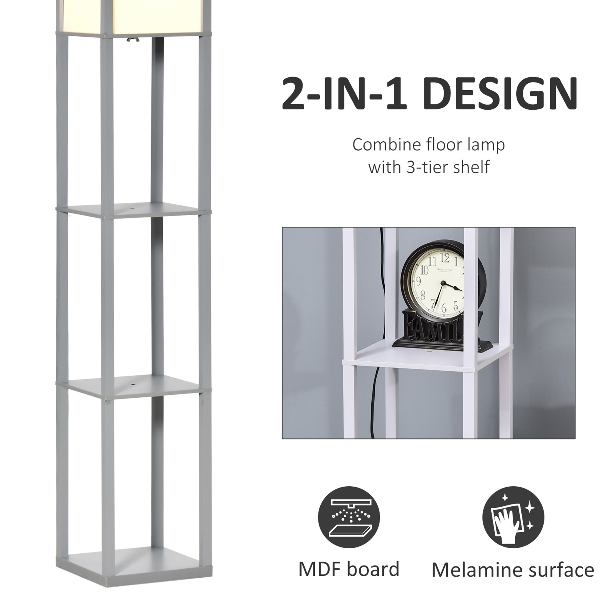 HOMCOM 3-Tier Floor Lamp, Floor Light w/ Storage Shelf, Reading Standing Lamp for Living Room, Bedroom, Office, Dorm, 160cm, Grey