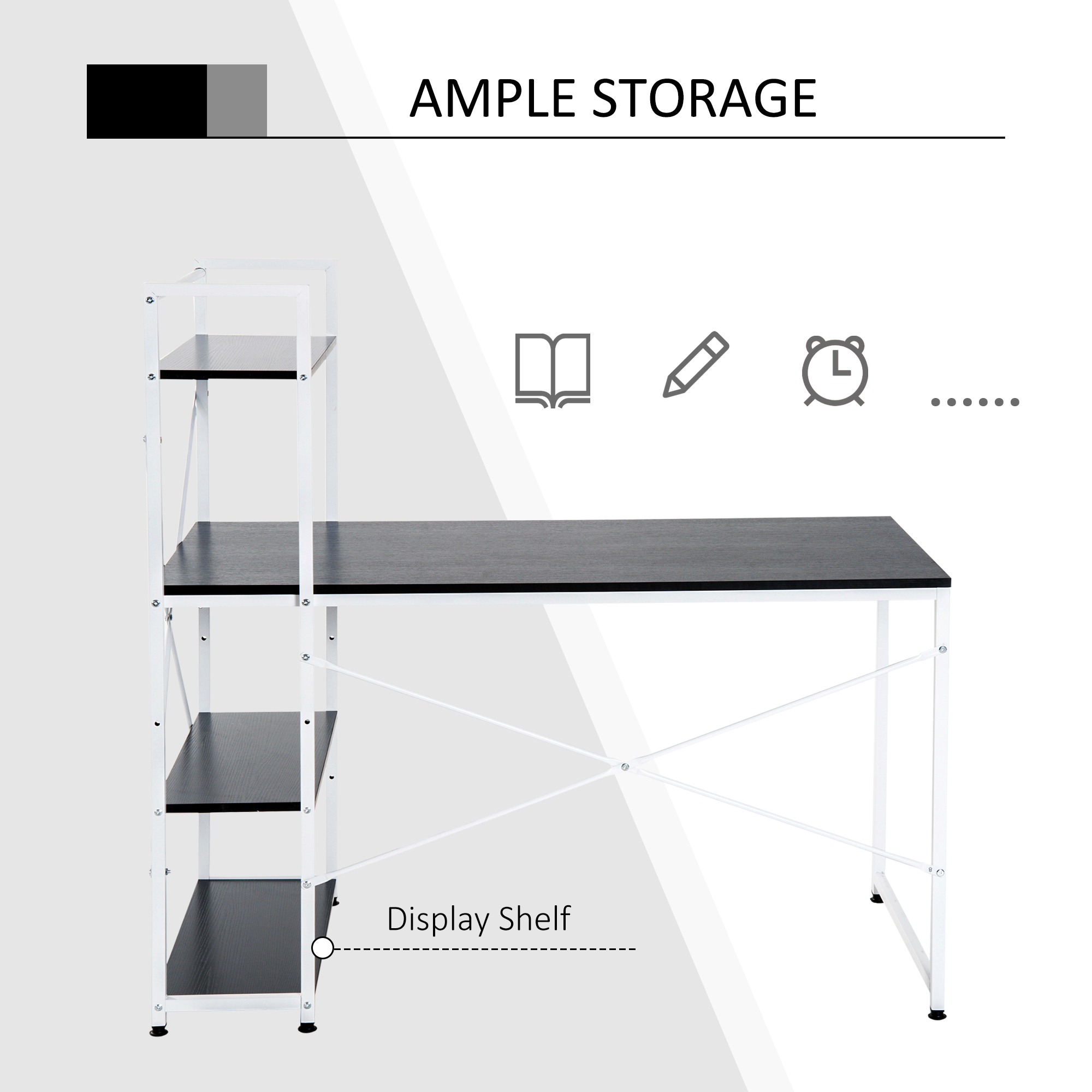 HOMCOM Study Workstation with 4-Tier Bookshelf, Metal Frame, Wooden Top, Home Office Computer Desk, Black & White.