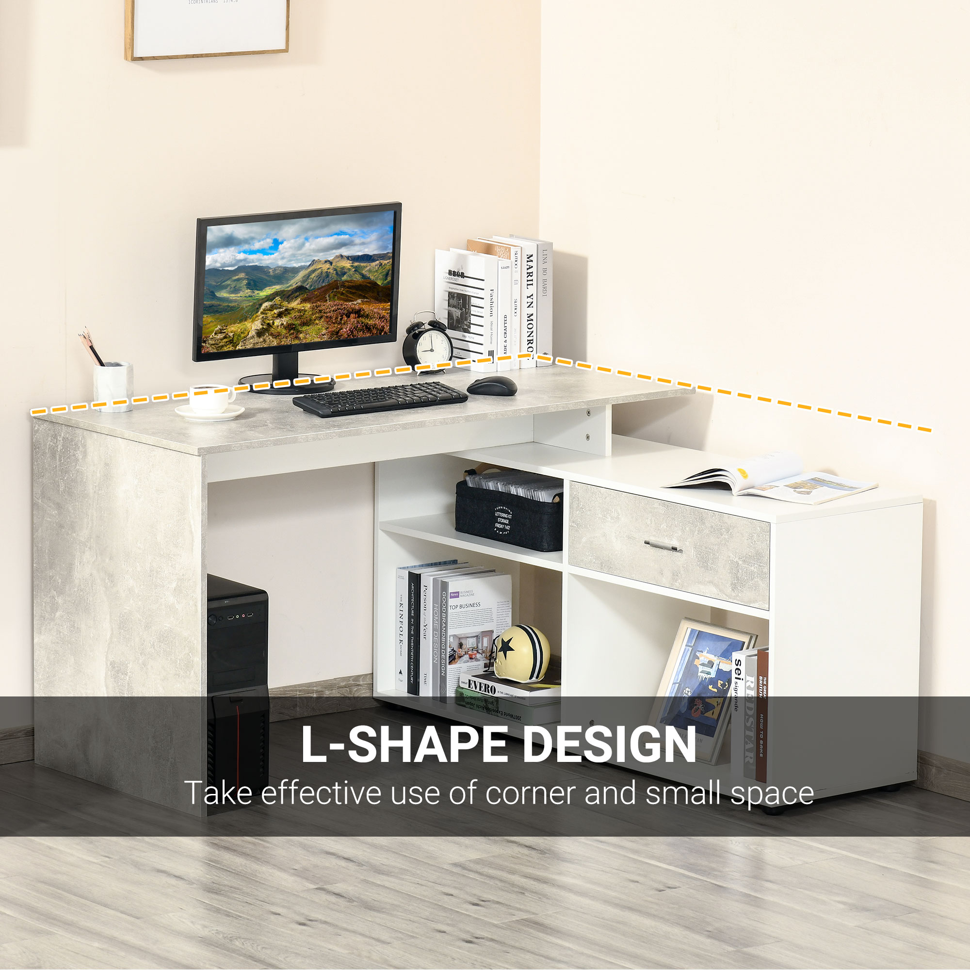 HOMCOM L-Shaped Computer Desk Home Office Corner Desk Study Workstation Space Saving Table with Shelves Drawer, Grey and White
