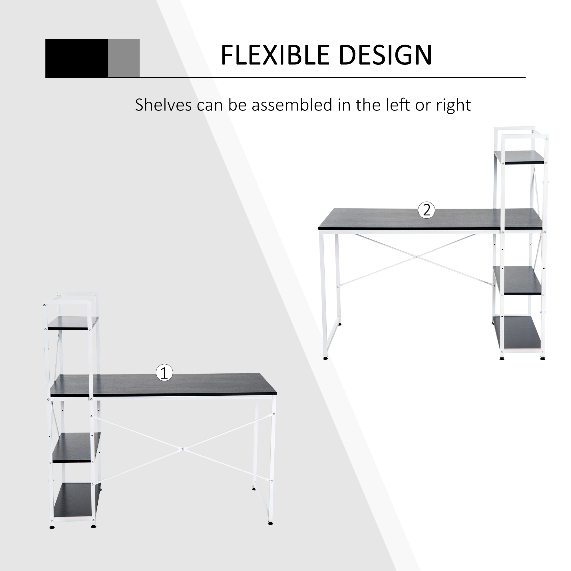 HOMCOM Study Workstation with 4-Tier Bookshelf, Metal Frame, Wooden Top, Home Office Computer Desk, Black & White.