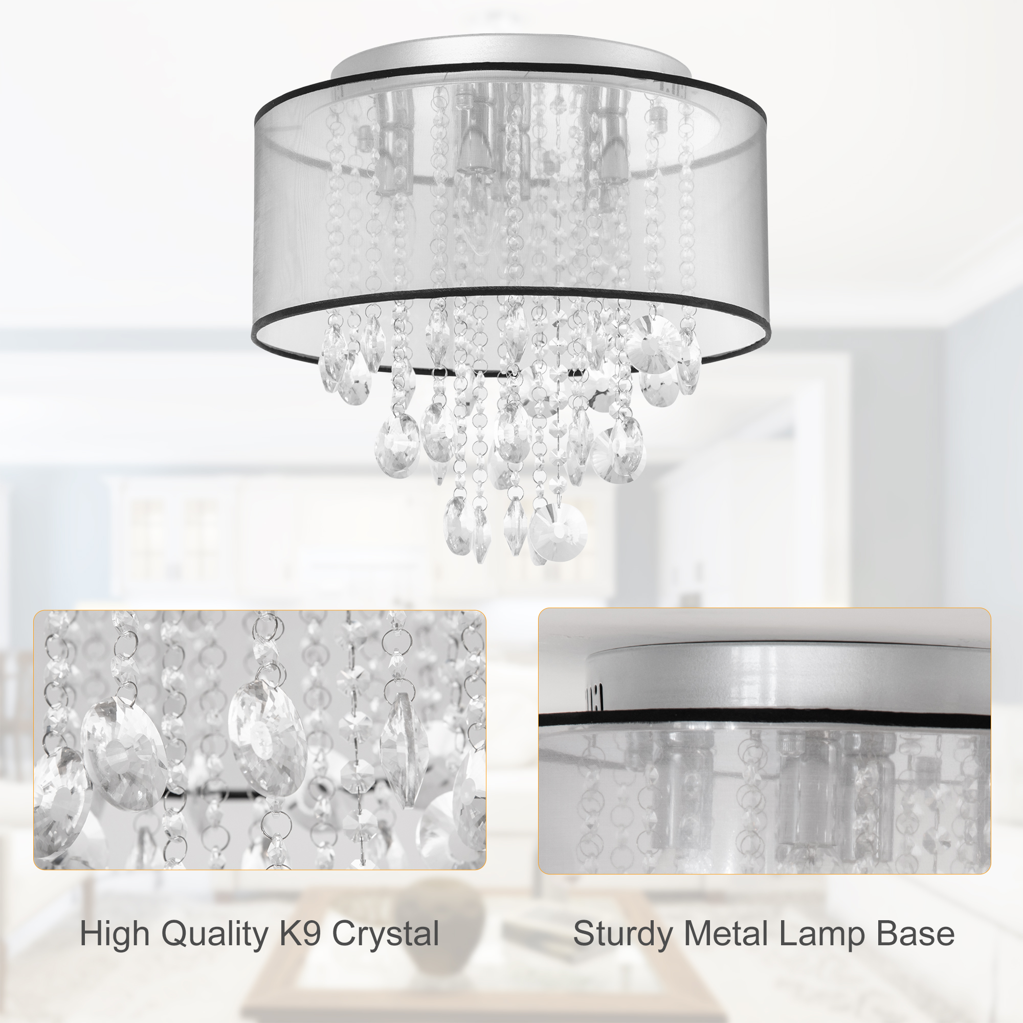 HOMCOM Modern Crystal Chandelier Flush Mount LED Ceiling Light with Drum Shade for Living Room Bedroom Dining Room Silver