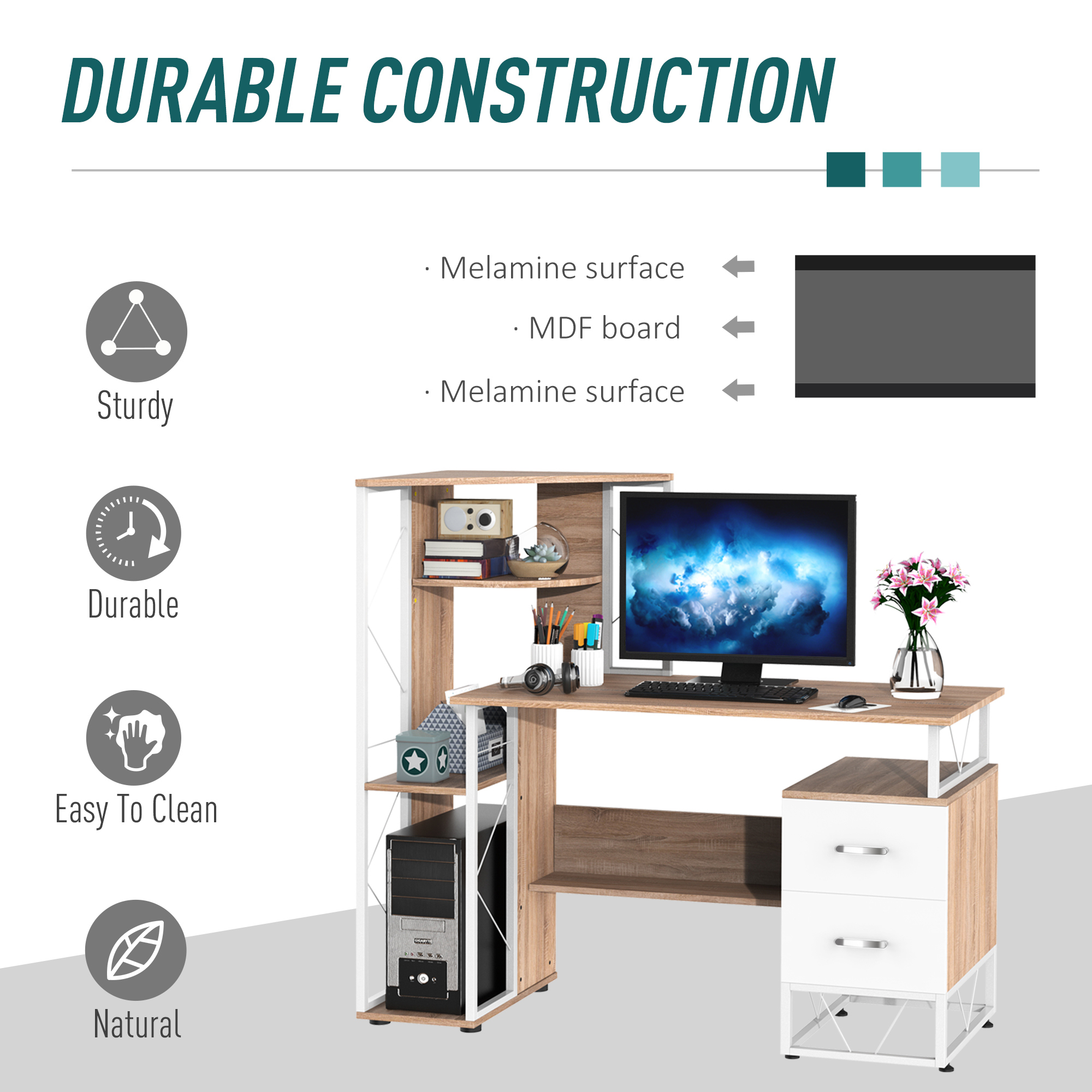 HOMCOM Writing Desk with Drawers and Multi-Shelves, PC Workstation for Home Office, Study Furniture, Wood