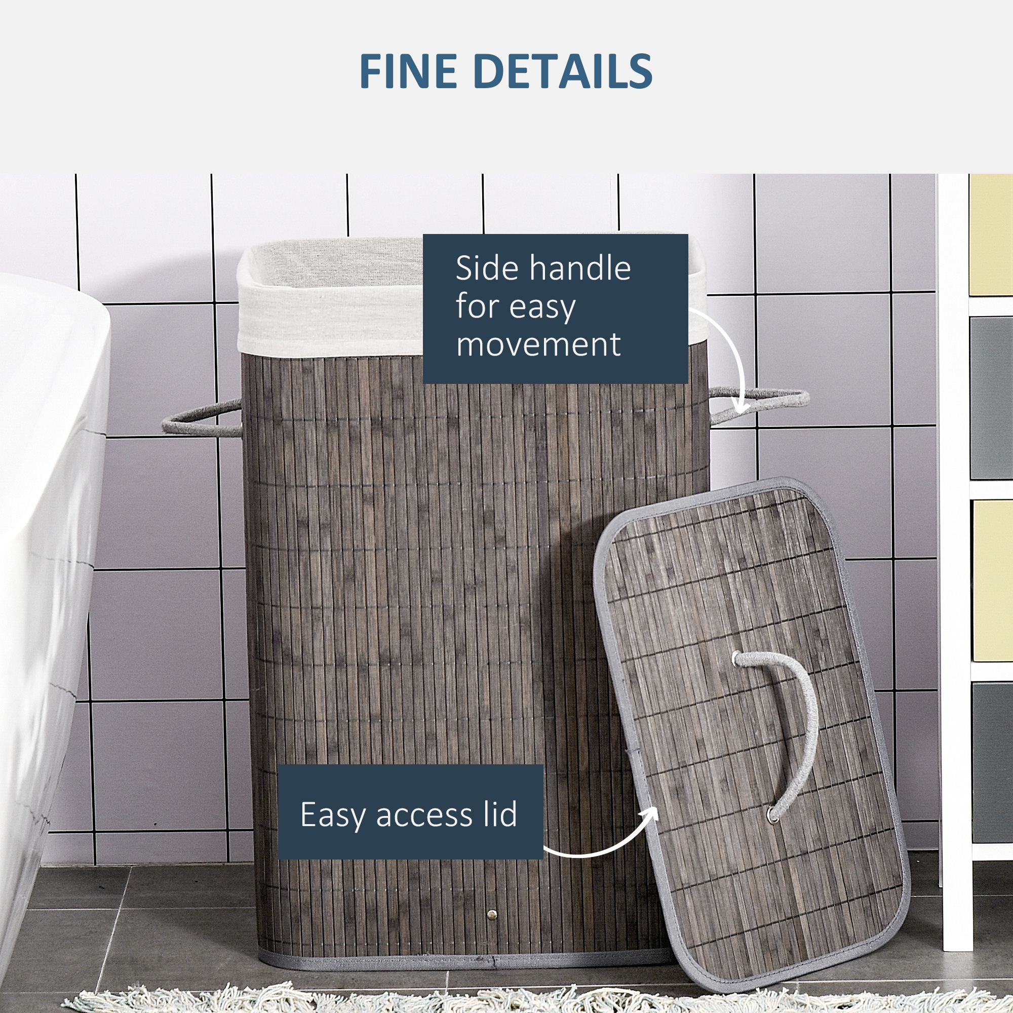 HOMCOM Collapsible Laundry Basket with Flip Lid, String Handles, Removable Lining, Foldable, Water-Resistant, Grey