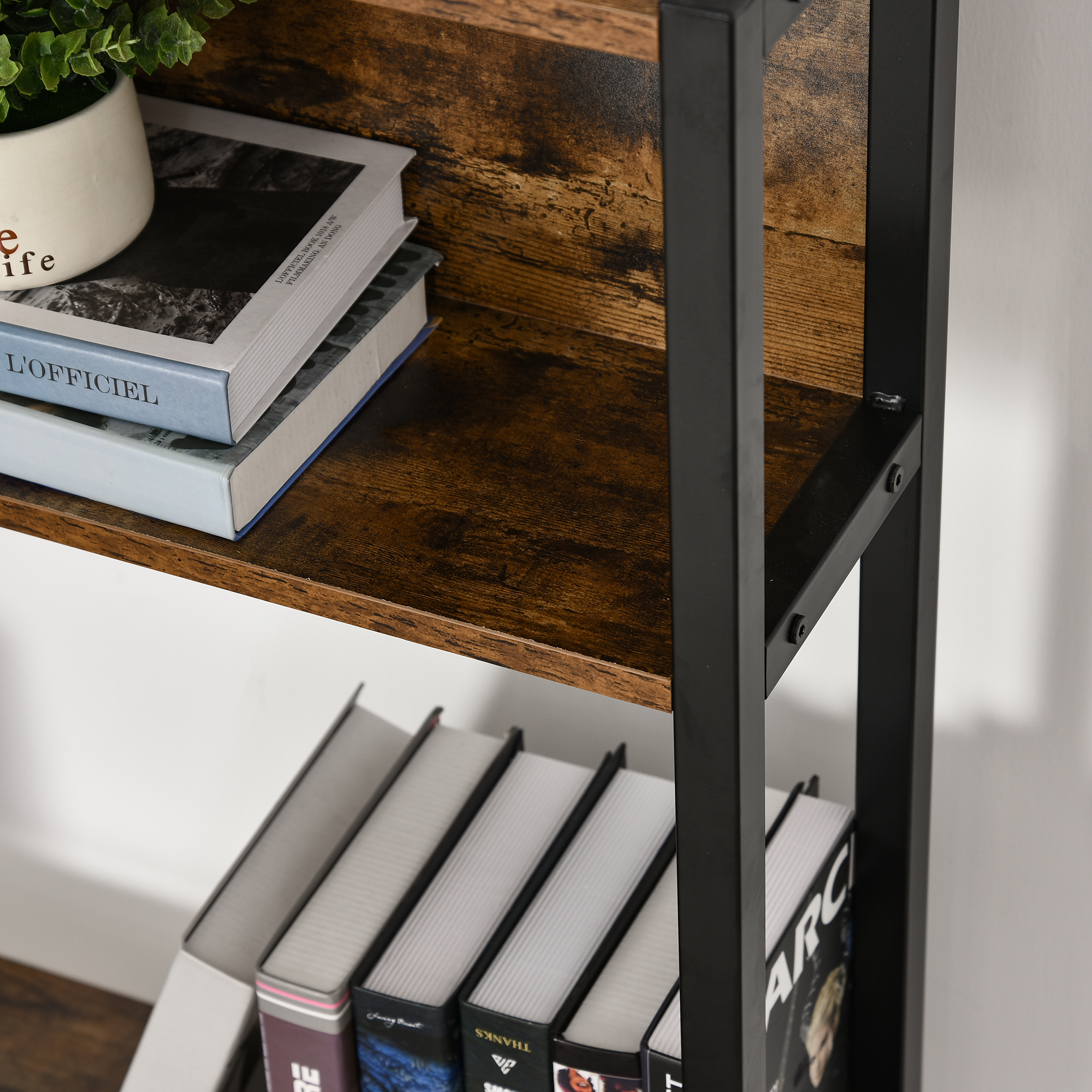 HOMCOM Industrial L-Shaped Work Desk & Storage Shelf Steel Frame Adjustable Feet Corner Workstation Home Office Study Stylish Brown Black