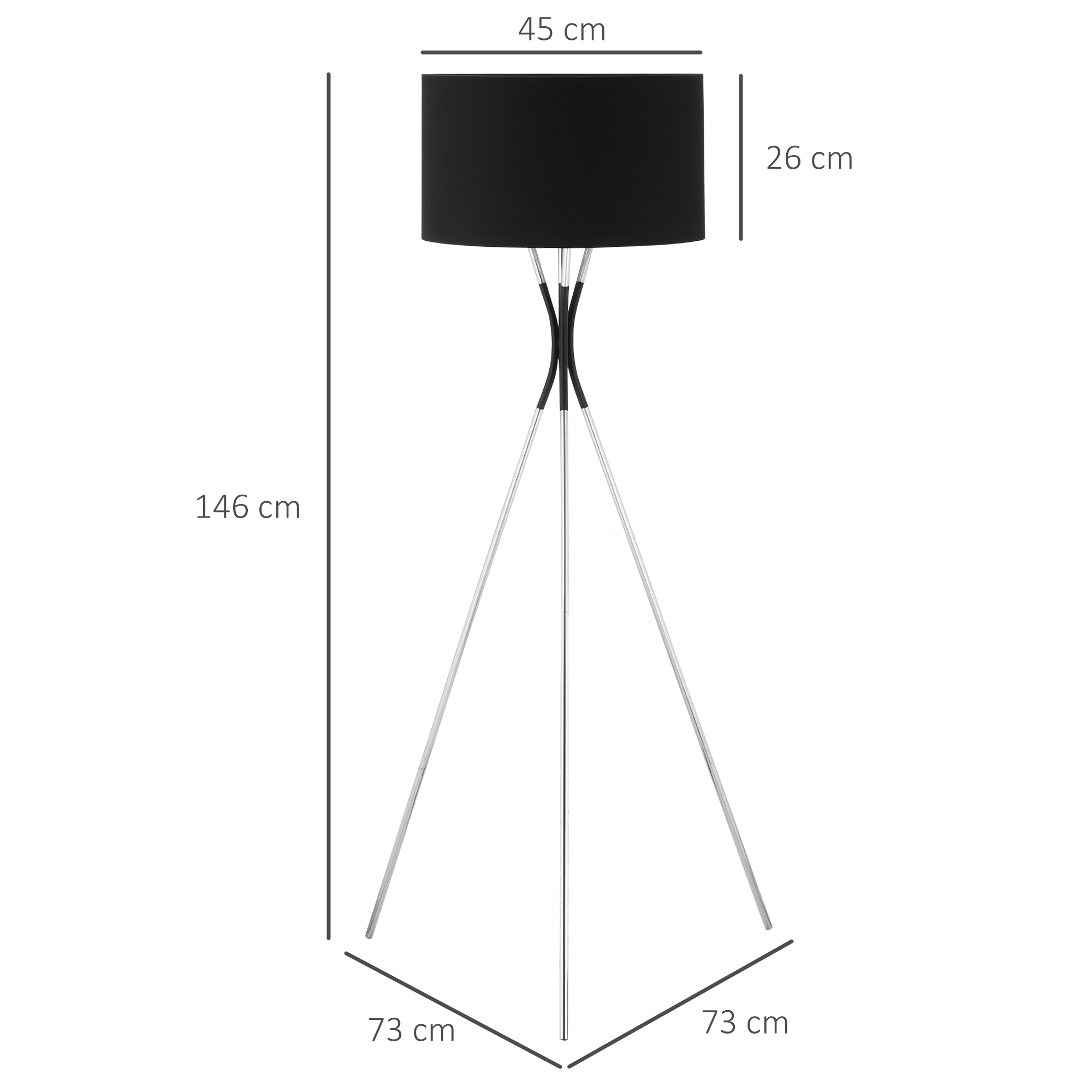 HOMCOM Modern Tripod Floor Lamp, Free Standing Light with Metal Frame, Fabric Lampshade and E27 Base for Living Room, Bedroom, Office, Black 