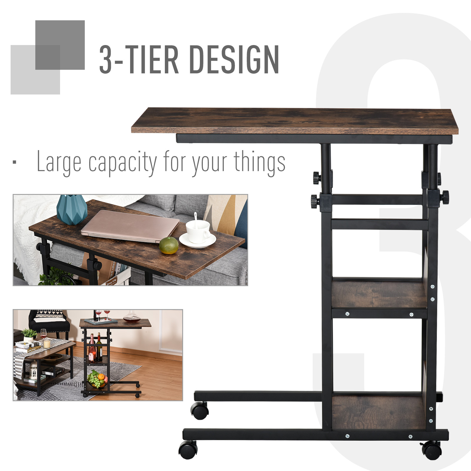 HOMCOM Industrial C-Shaped Side Table, Mobile End Desk with 3-Tier Storage, Adjustable Height, on Wheels