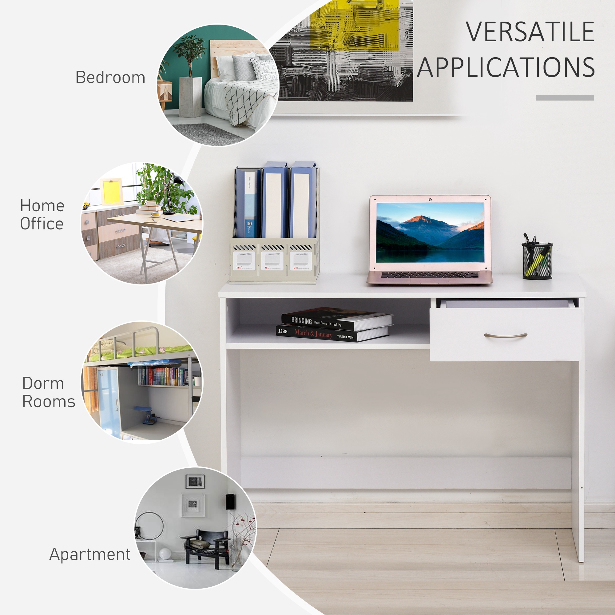 HOMCOM Computer Desk with Shelf Drawer, Study Table with Storage Compartment, Writing Station, Stylish Display Storage, White