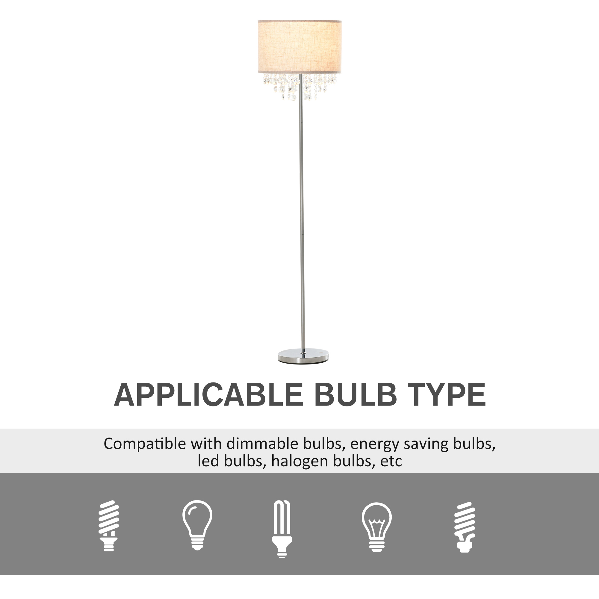 HOMCOM Modern Steel Floor Lamp with Crystal Pendant Fabric Lampshade Floor Switch, Home Style Standing Light, Silver and Cream White