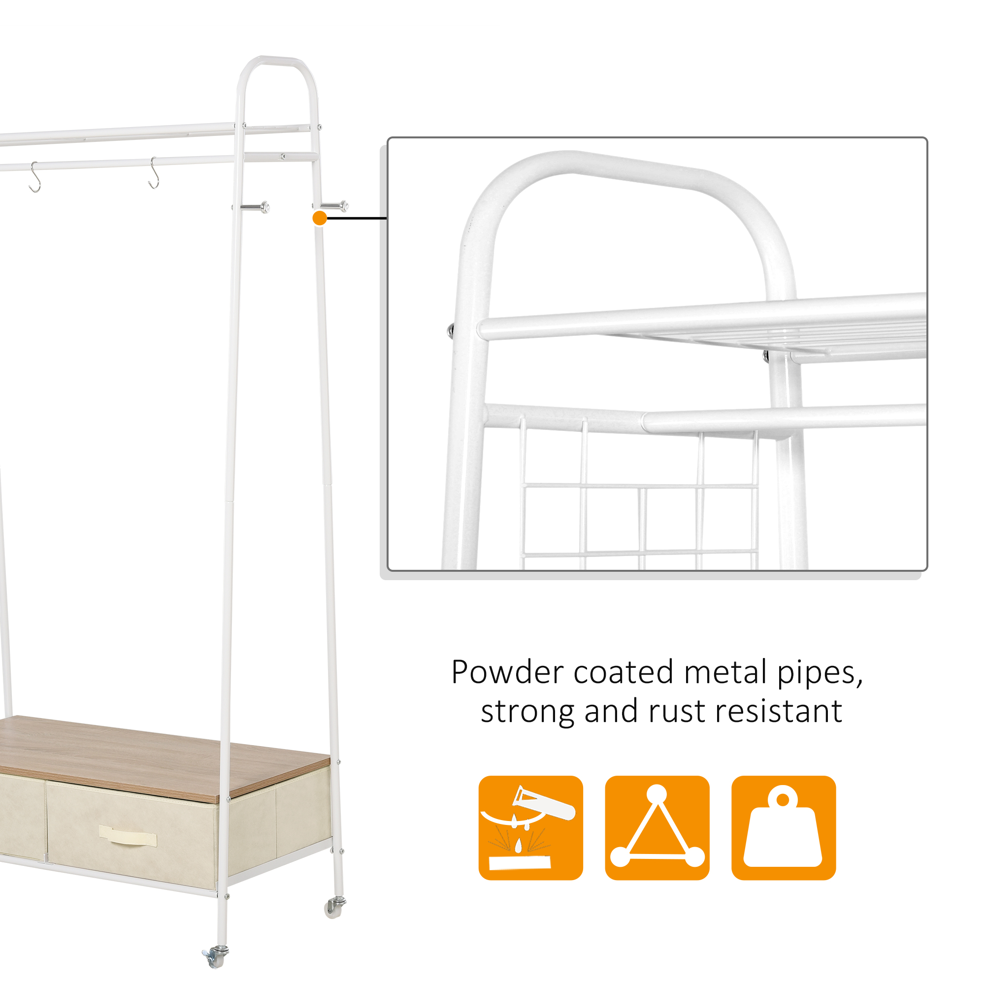 HOMCOM Coat Rack Stand with Rail, Clothes Storage Hanger, Shelf Organiser, 2 Drawers for Entryway, Durable Metal Frame
