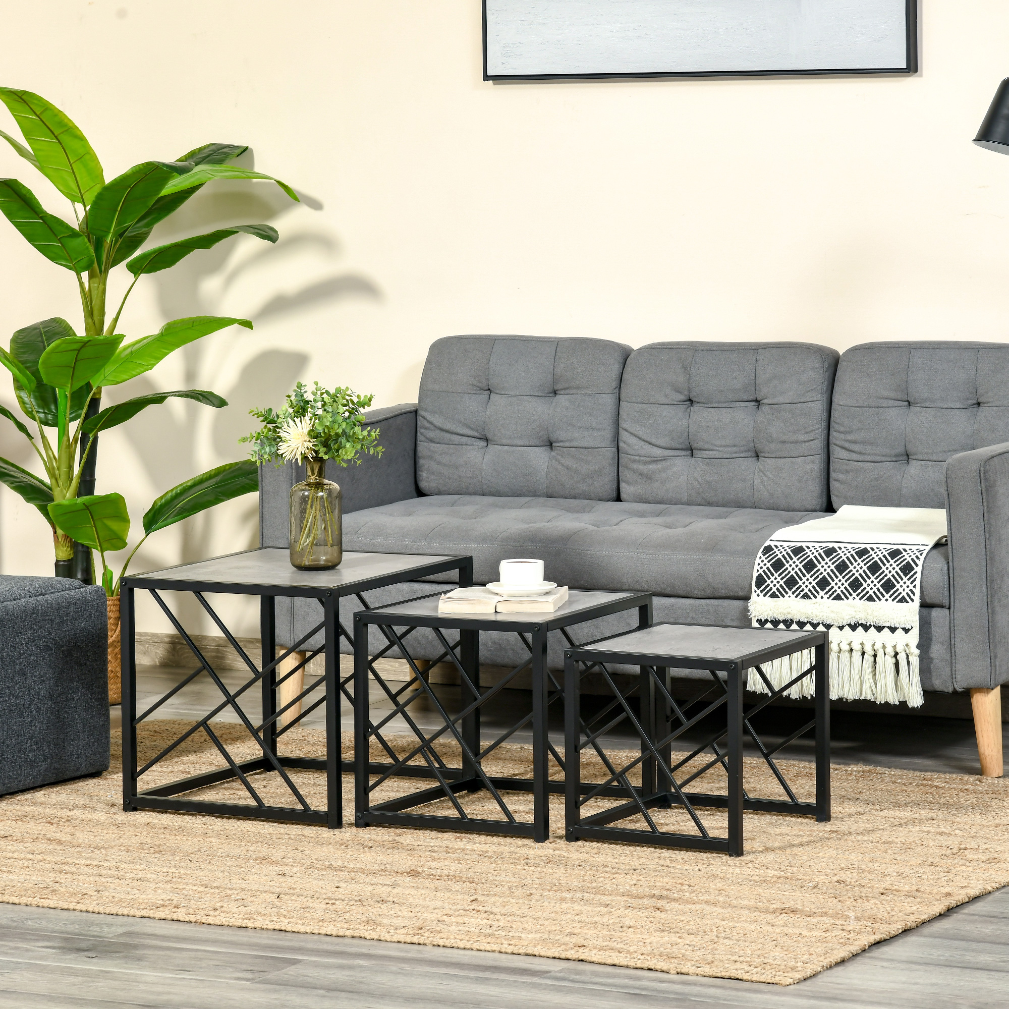 HOMCOM Set of 3 Nest of Tables, Square Side Tables with Black Metal Frame, for Living Room, Bedroom and Office, Grey