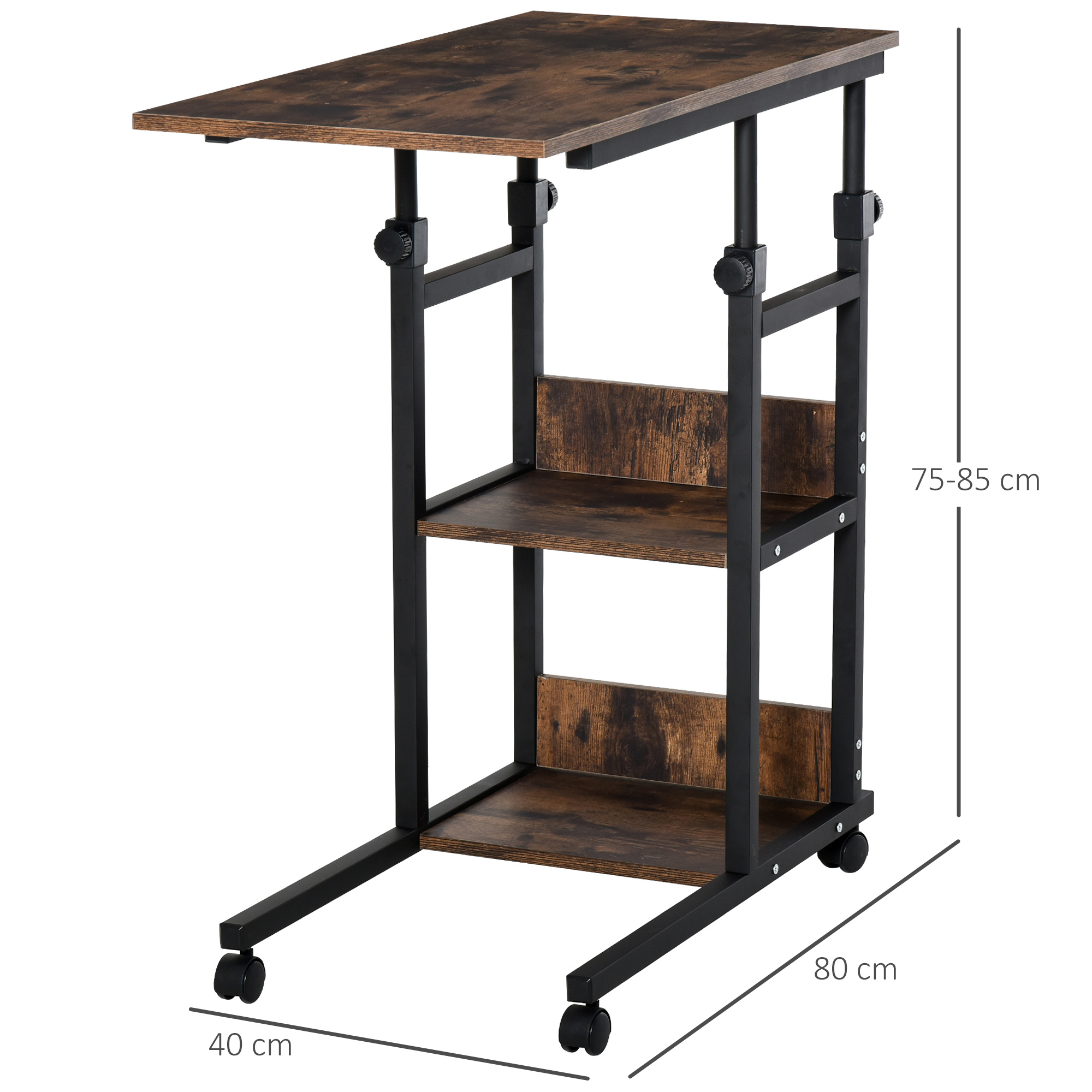 HOMCOM Industrial C-Shaped Side Table, Mobile End Desk with 3-Tier Storage, Adjustable Height, on Wheels