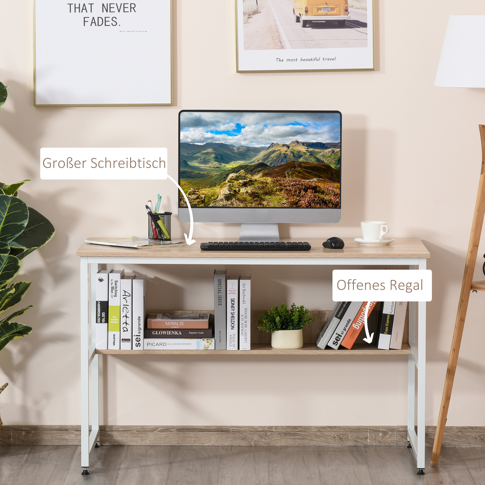 HOMCOM Computer Desk w/ Storage Shelf Adjustable Feet Metal Frame Home Office Laptop Study Writing Workstation Table Oak