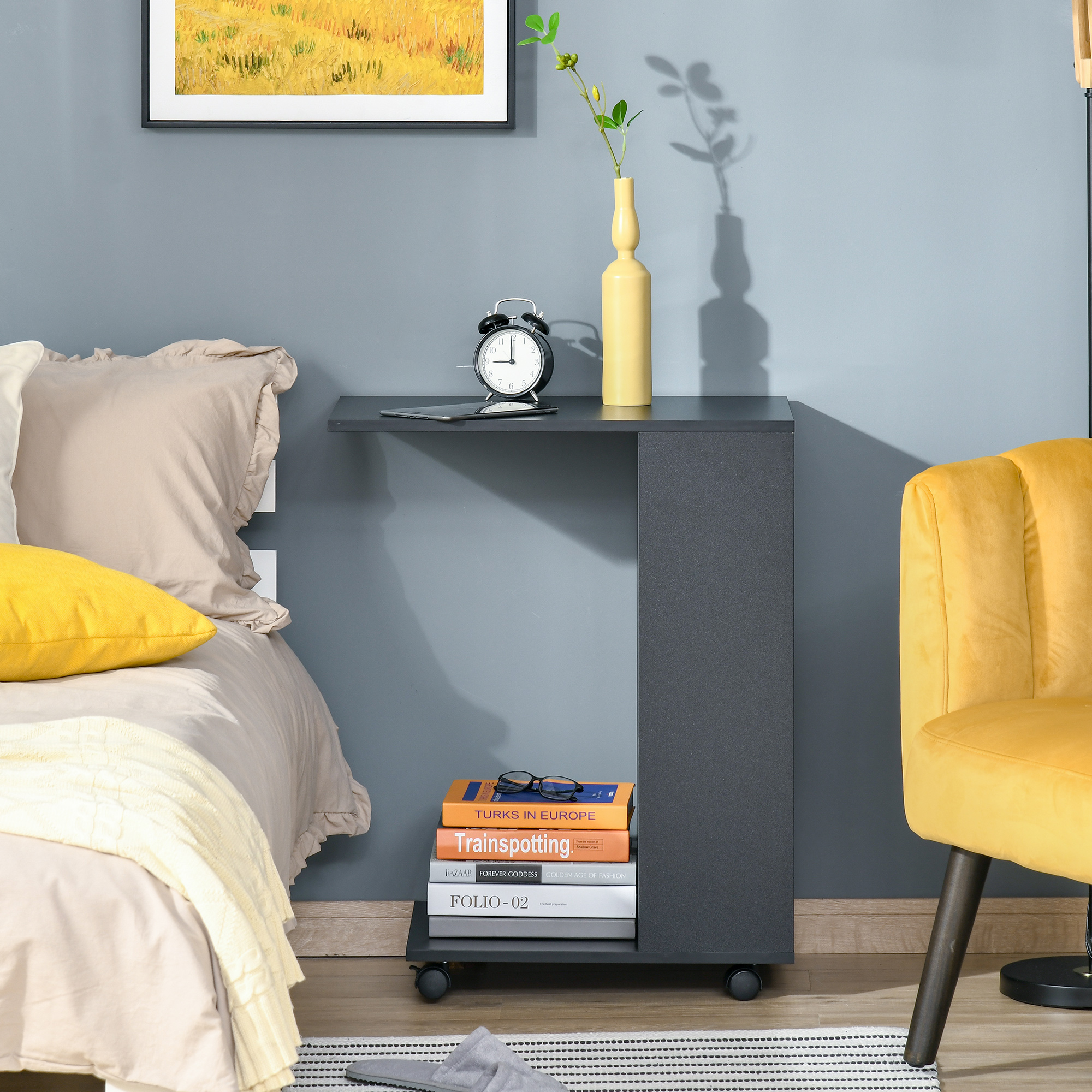 HOMCOM C-Shape End Table, Mobile Sofa Side Table with Storage, Casters for Laptop Coffee Snack, Black