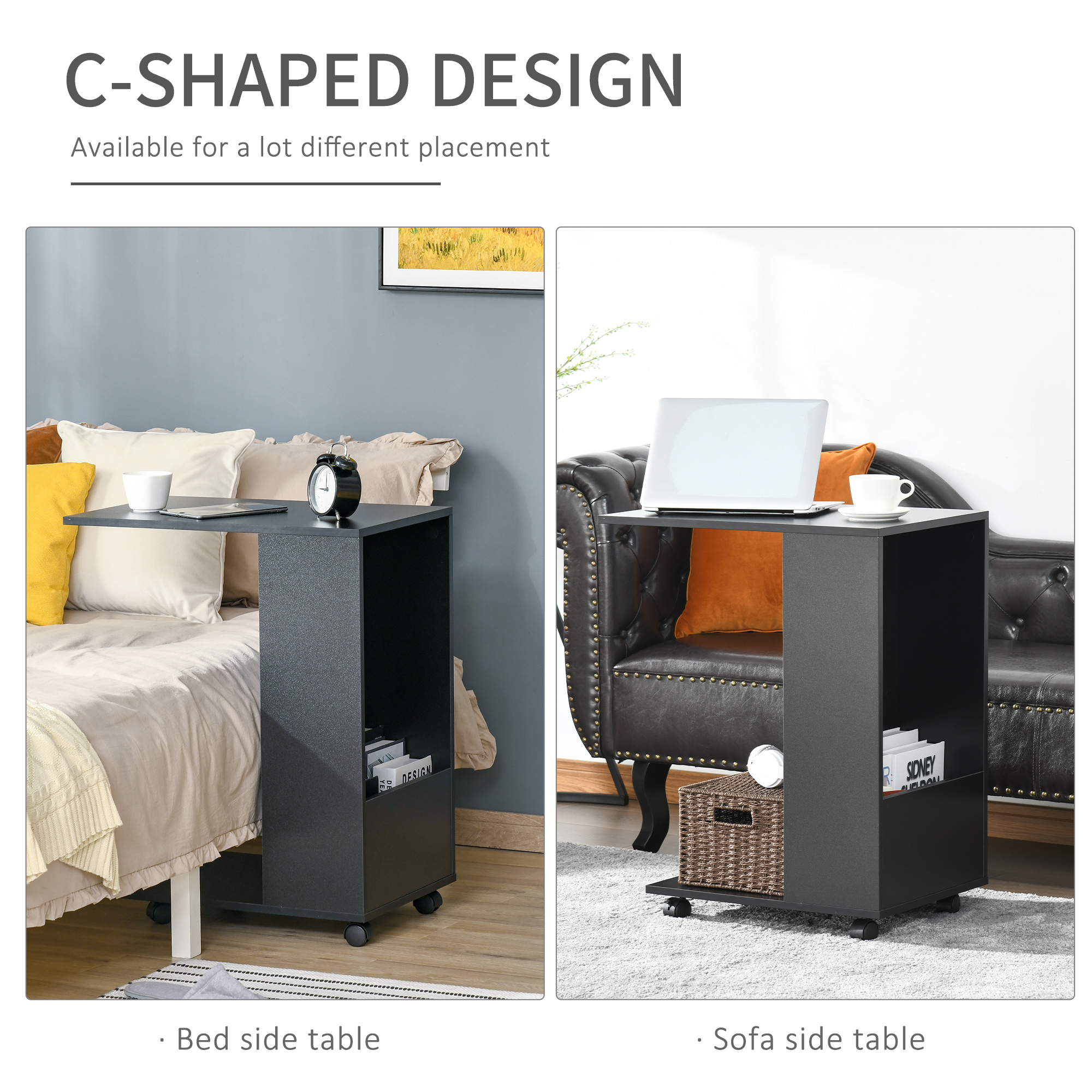 HOMCOM C-Shape End Table, Mobile Sofa Side Table with Storage, Casters for Laptop Coffee Snack, Black