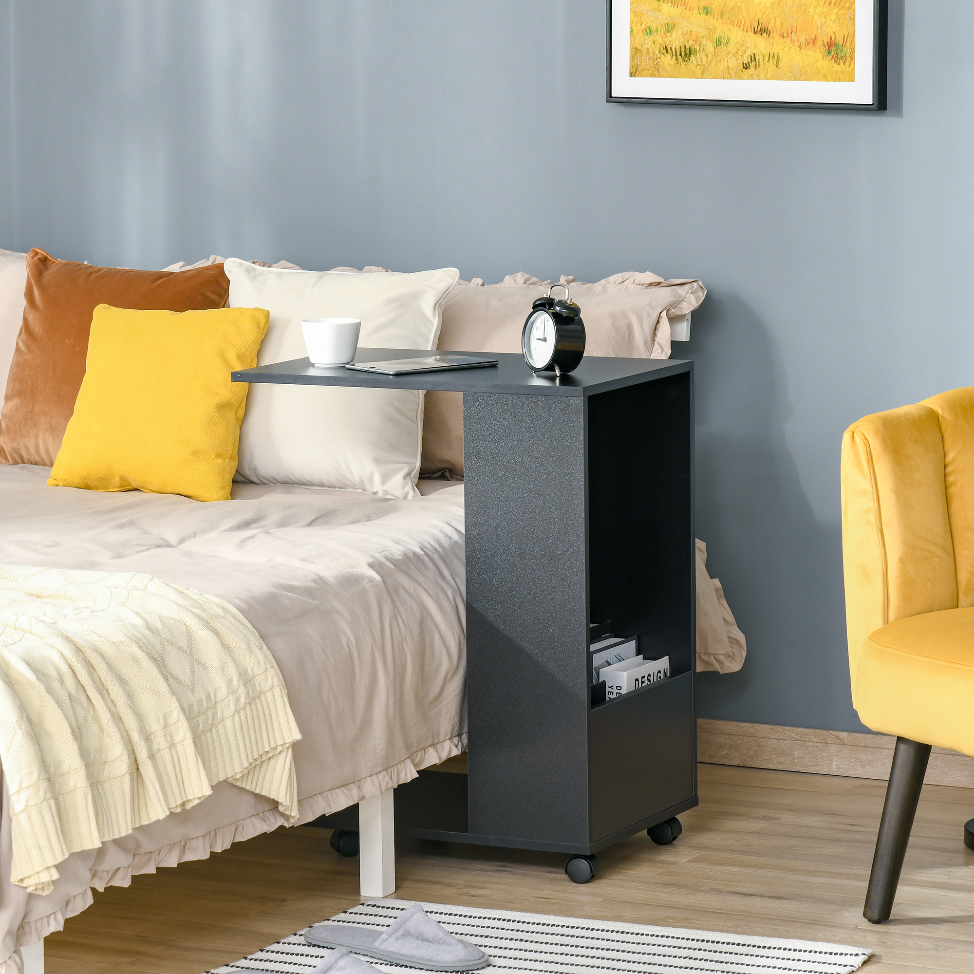 HOMCOM C-Shape End Table, Mobile Sofa Side Table with Storage, Casters for Laptop Coffee Snack, Black