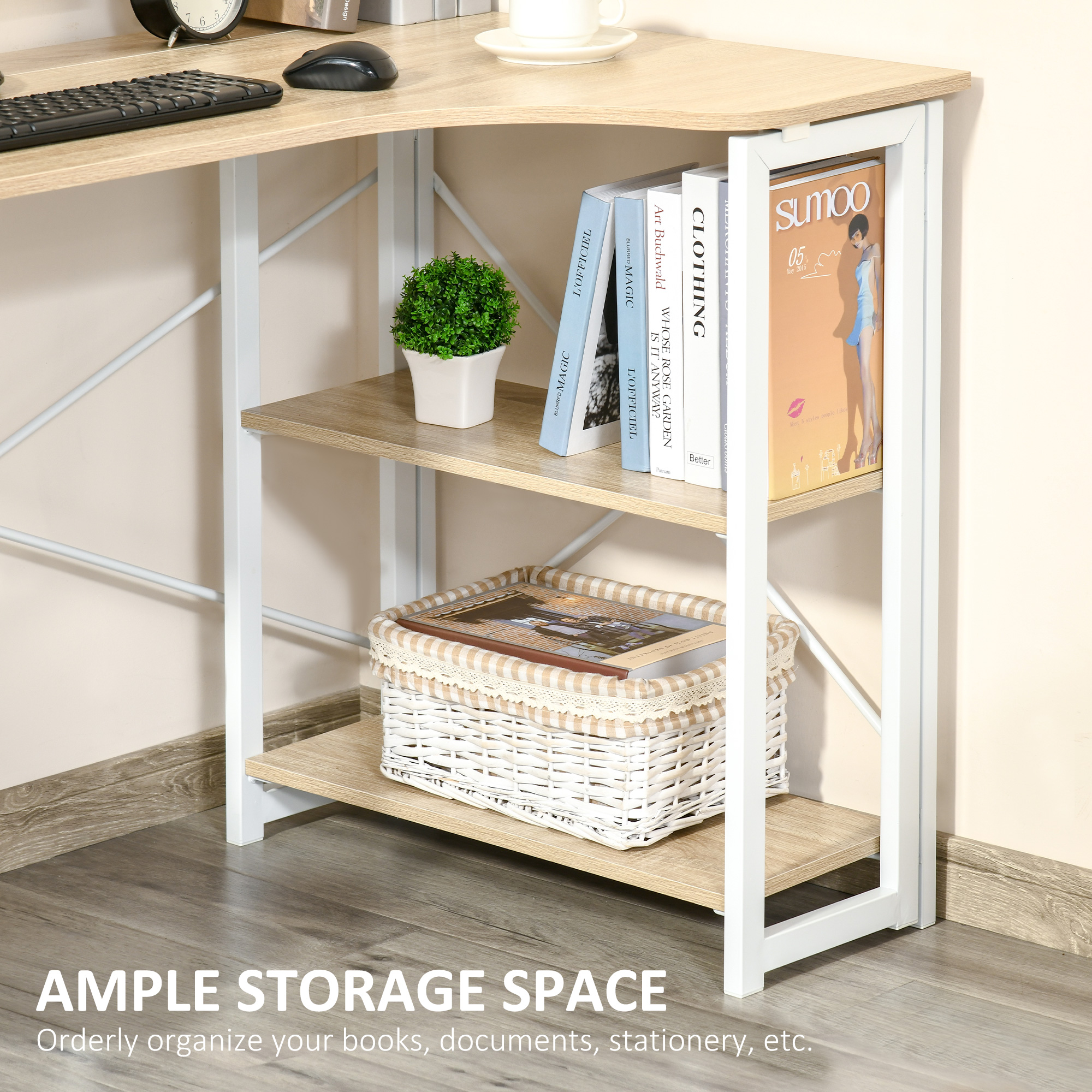 HOMCOM Folding L-Shaped Computer Desk, Oak Tone Corner Home Office Study Workstation with 2 Shelves