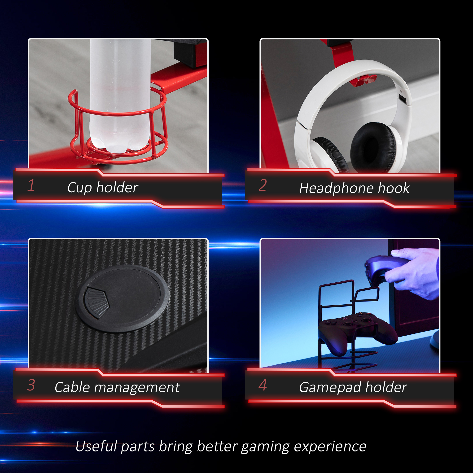 HOMCOM Gaming Desk, Ergonomic Home Office Desk, Gamer Workstation Racing Table, with Headphone Hook and Cup Holder, 122 x 66 x 86cm, Black and Red