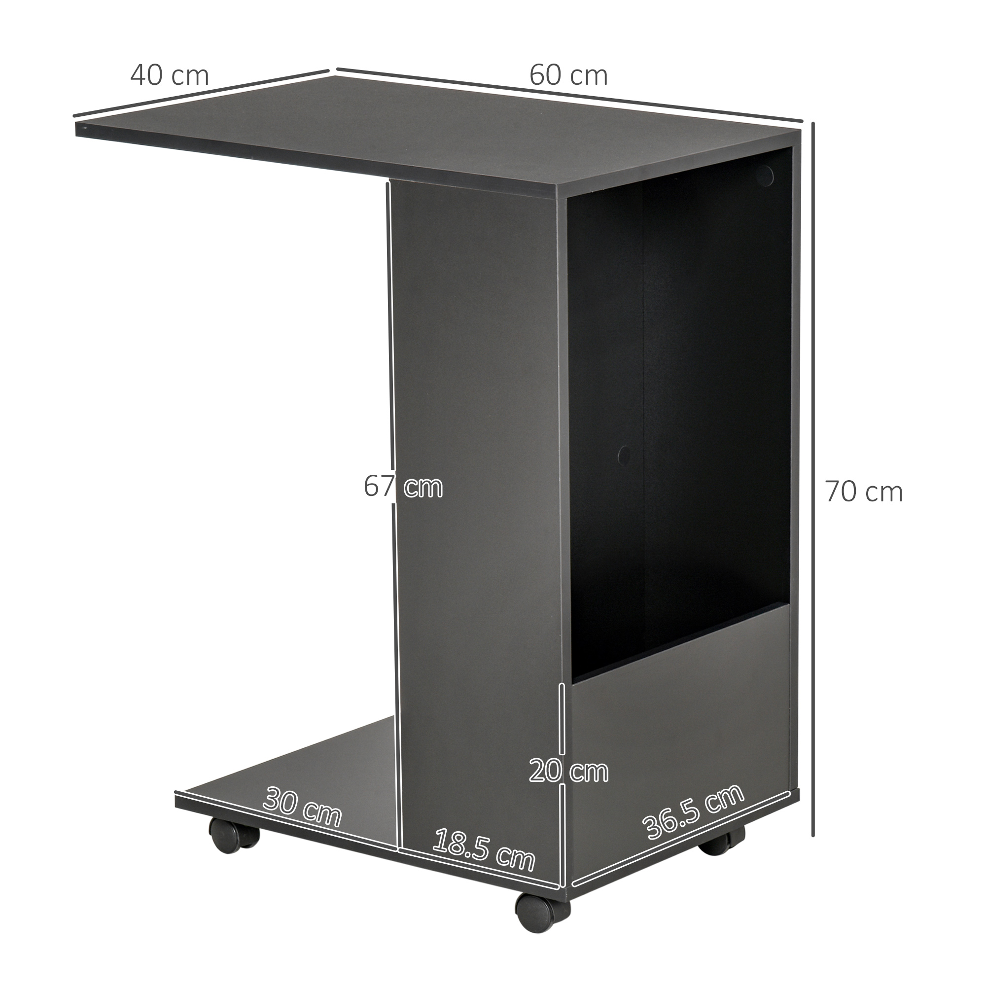 HOMCOM C-Shape End Table, Mobile Sofa Side Table with Storage, Casters for Laptop Coffee Snack, Black