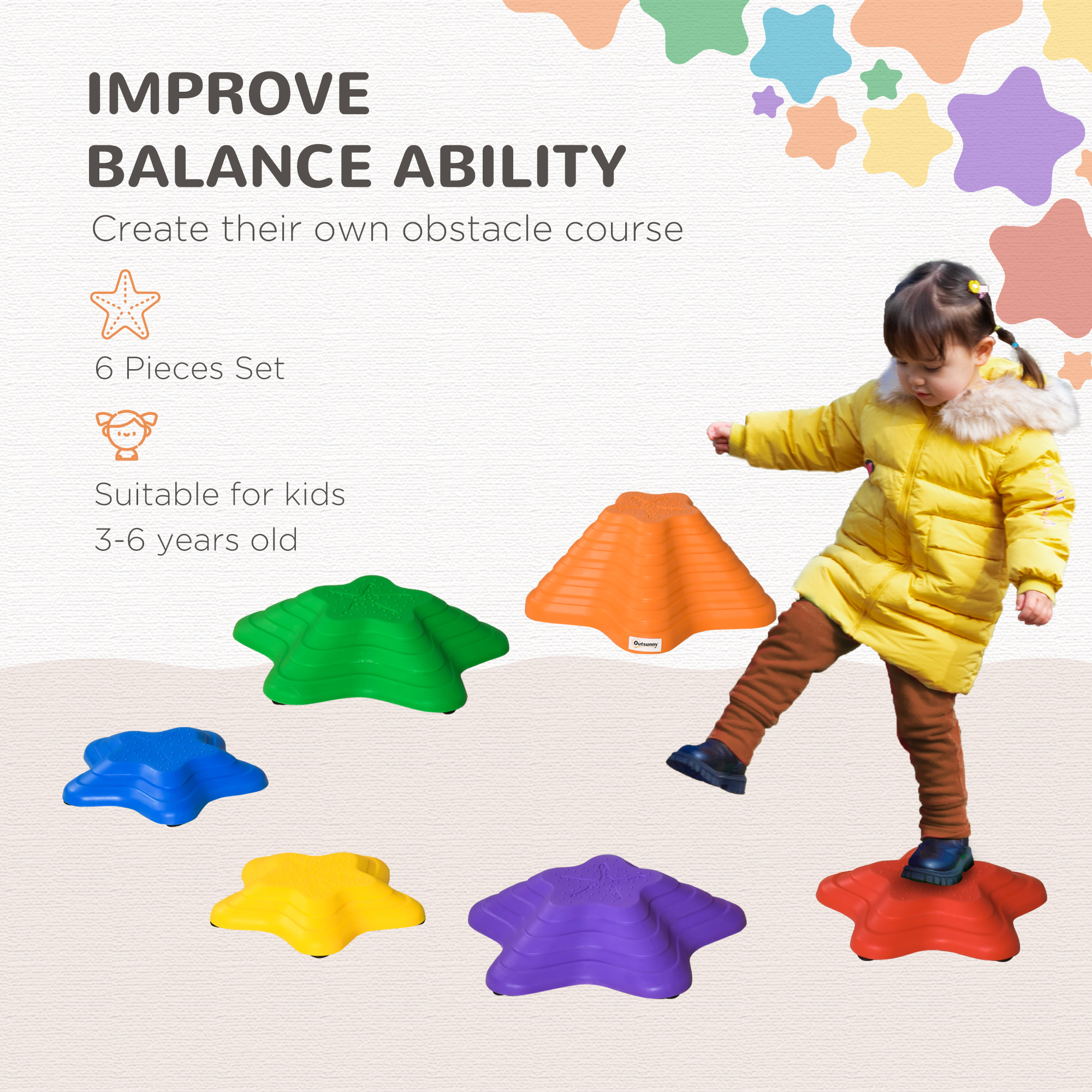 Outsunny Kids Balance Stepping Stones, 6pcs Starfish Style, Non-slip Stackable Obstacle Course Blocks, Encourage Toddler Coordination