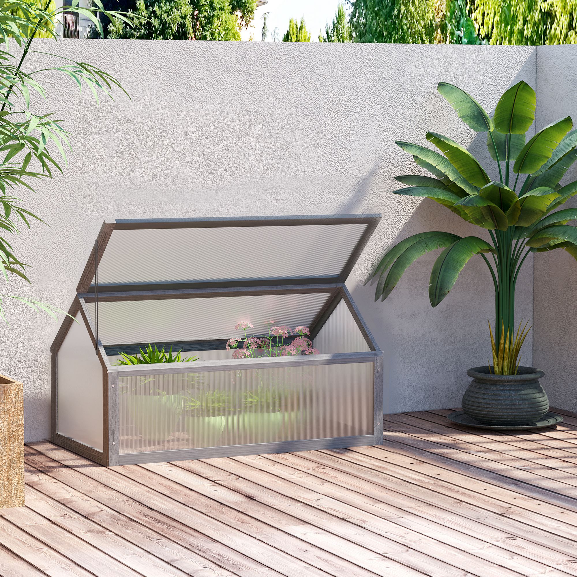 Outsunny Wooden Cold Frame Greenhouse Garden Polycarbonate Grow House with Openable Top for Flowers, Vegetables, Plants, 90 x 52 x 50cm, Grey