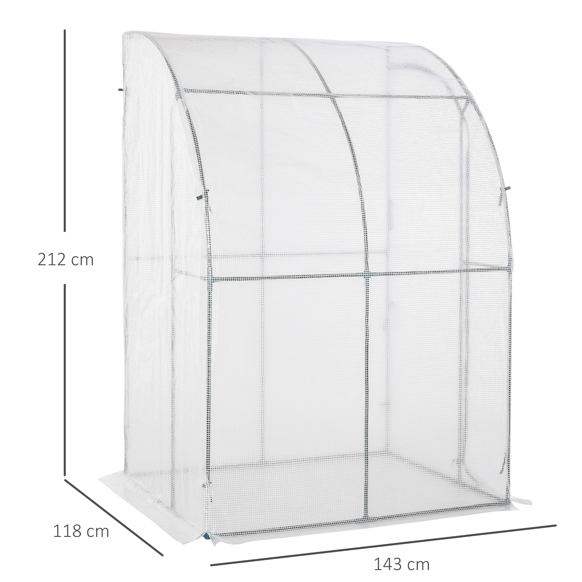 Outsunny Lean to Wall Greenhouse Outdoor Walk-In with Zippered Roll Up Door, PE Cover, 143L x 118W x 212H cm, White