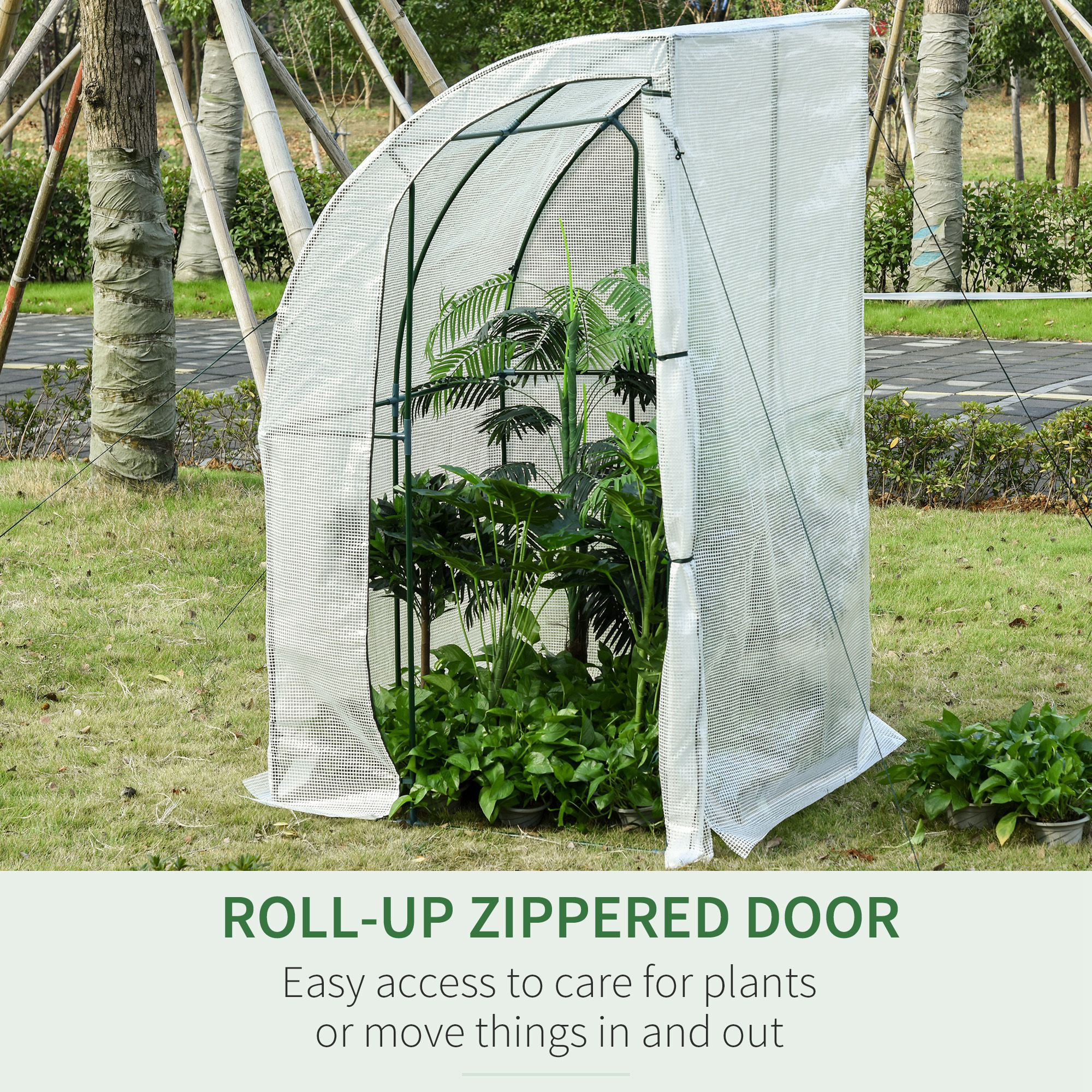 Outsunny Lean to Wall Greenhouse Outdoor Walk-In with Zippered Roll Up Door, PE Cover, 143L x 118W x 212H cm, White