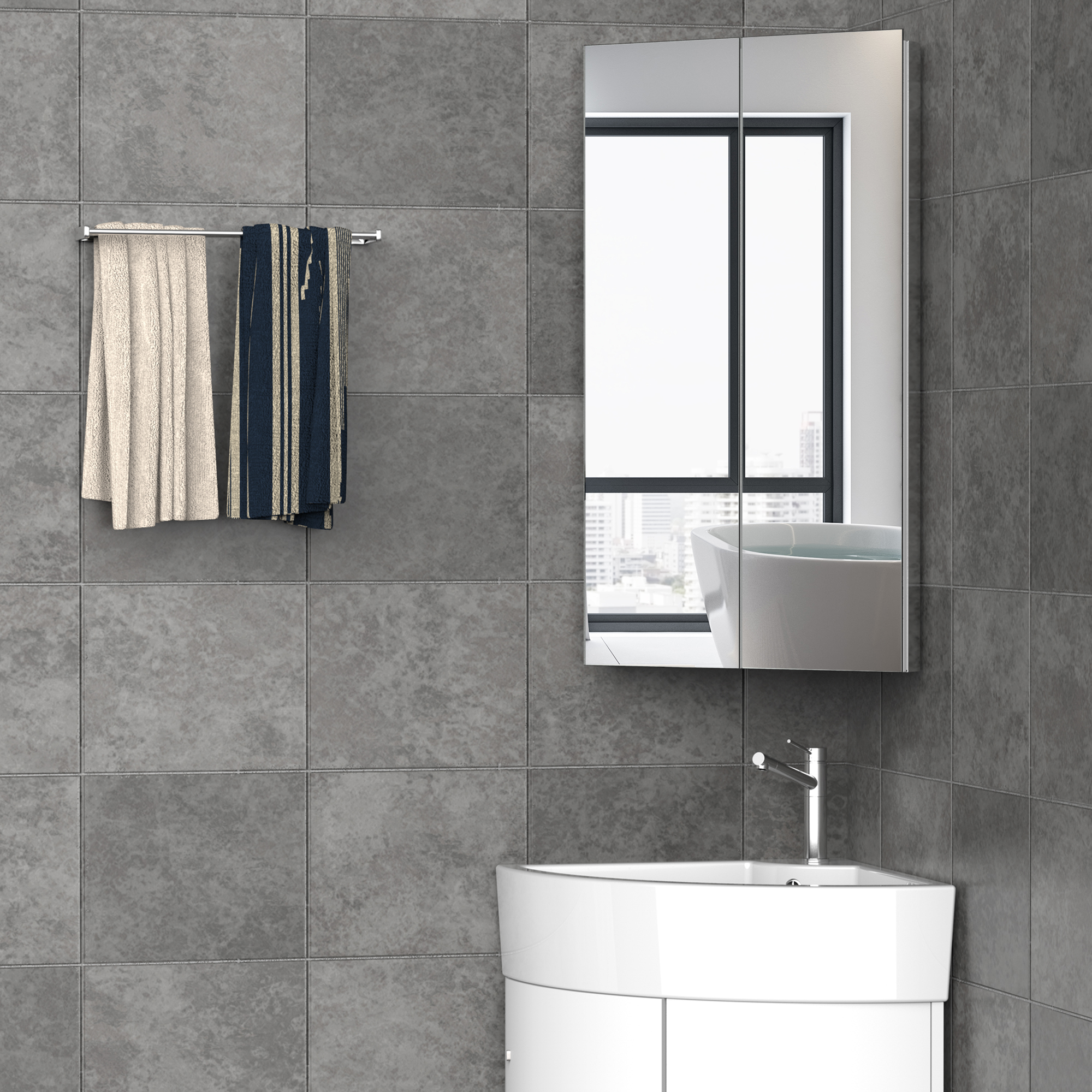 kleankin Corner Mirrored Bathroom Cabinet w/ 3 Shelves 2 Doors On-Wall Storage Unit Organiser Stainless Steel Frame Home Furnishing