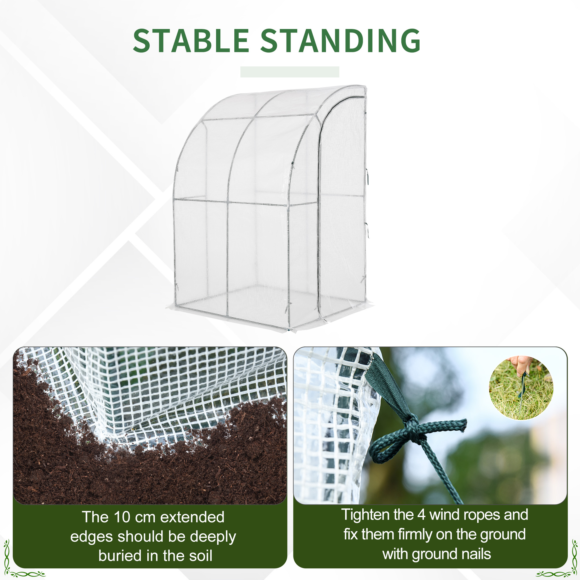 Outsunny Lean to Wall Greenhouse Outdoor Walk-In with Zippered Roll Up Door, PE Cover, 143L x 118W x 212H cm, White