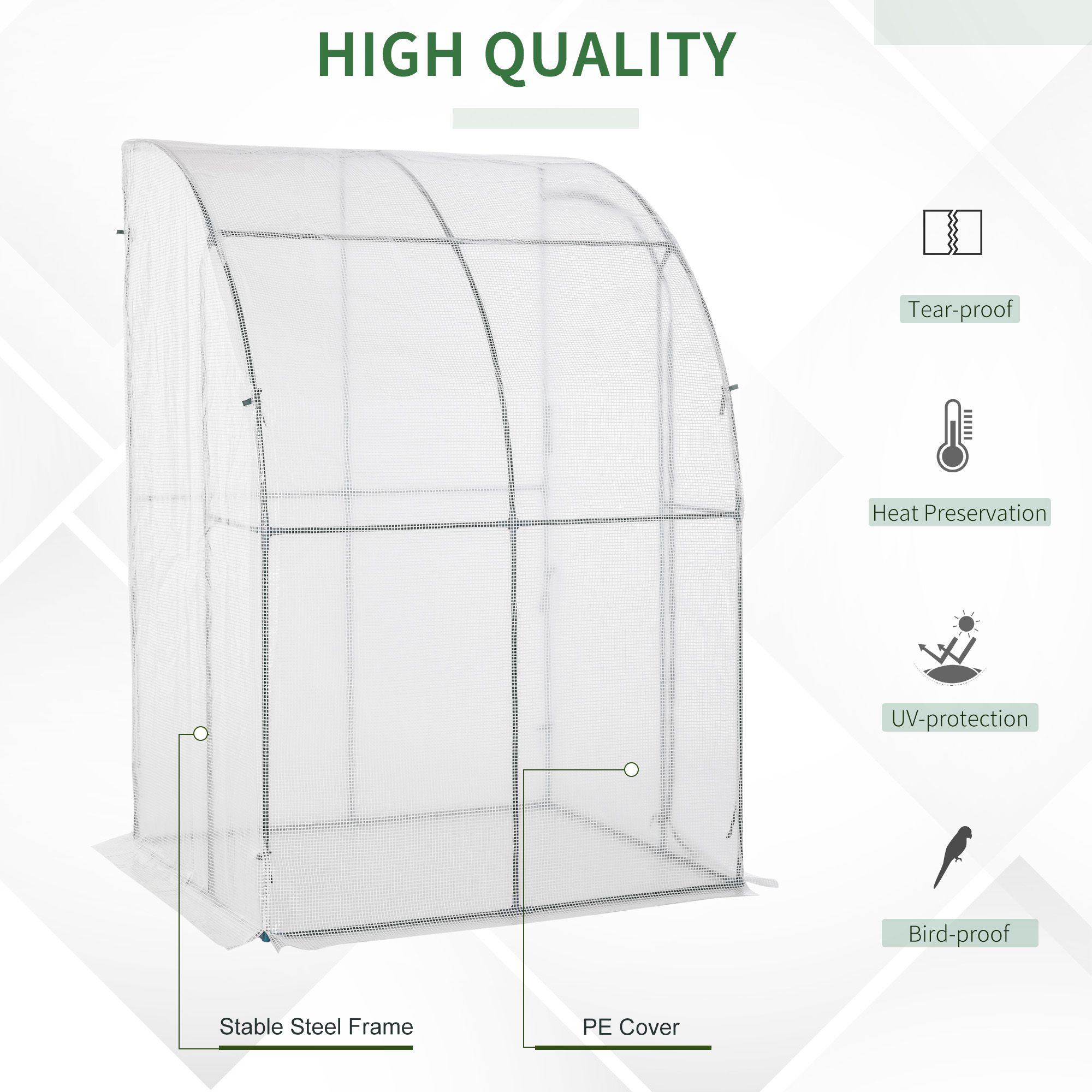 Outsunny Lean to Wall Greenhouse Outdoor Walk-In with Zippered Roll Up Door, PE Cover, 143L x 118W x 212H cm, White