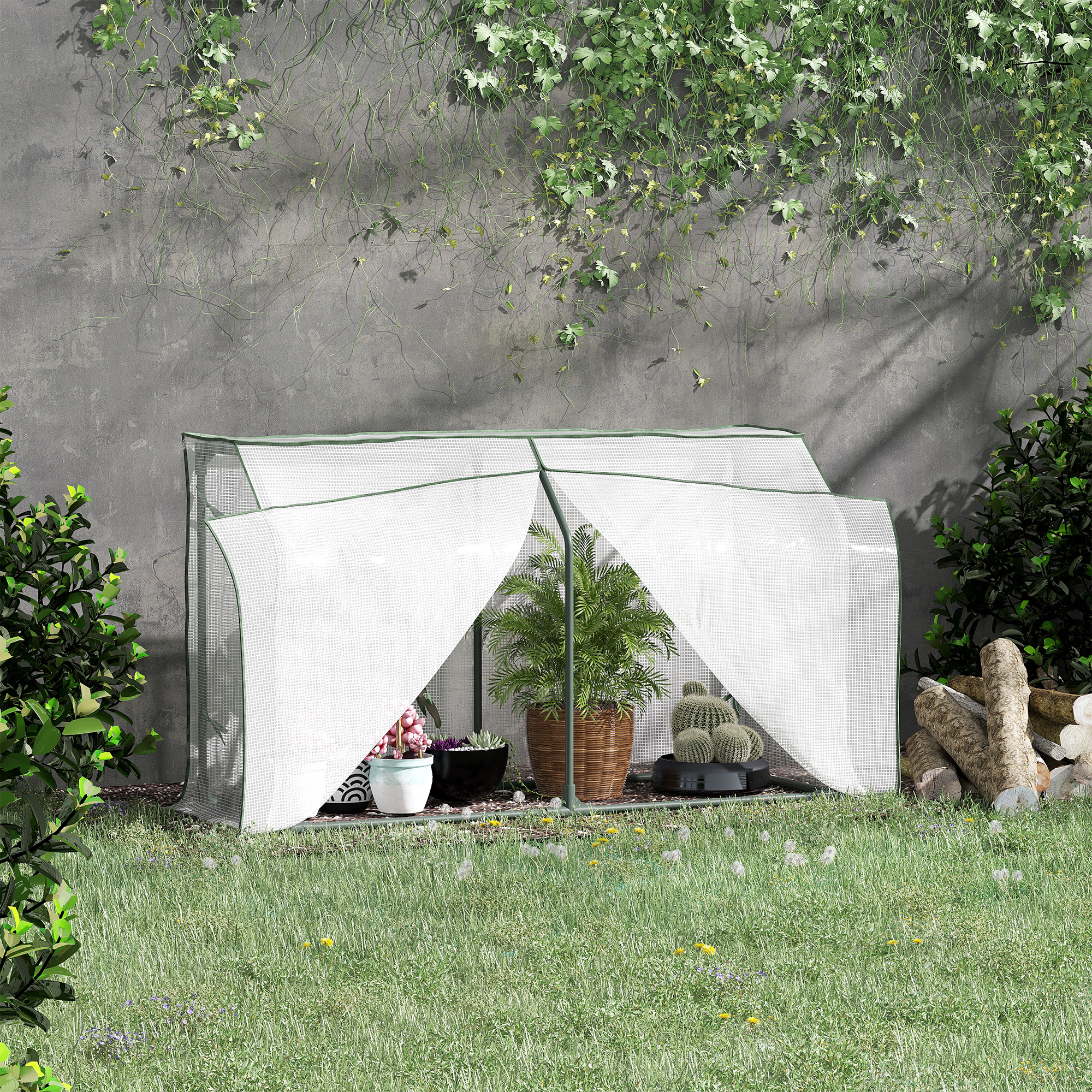 Outsunny Mini Greenhouse Portable Garden Growhouse for Plants with Zipper Design for Outdoor, Indoor, 120 x 45 x 70cm, White