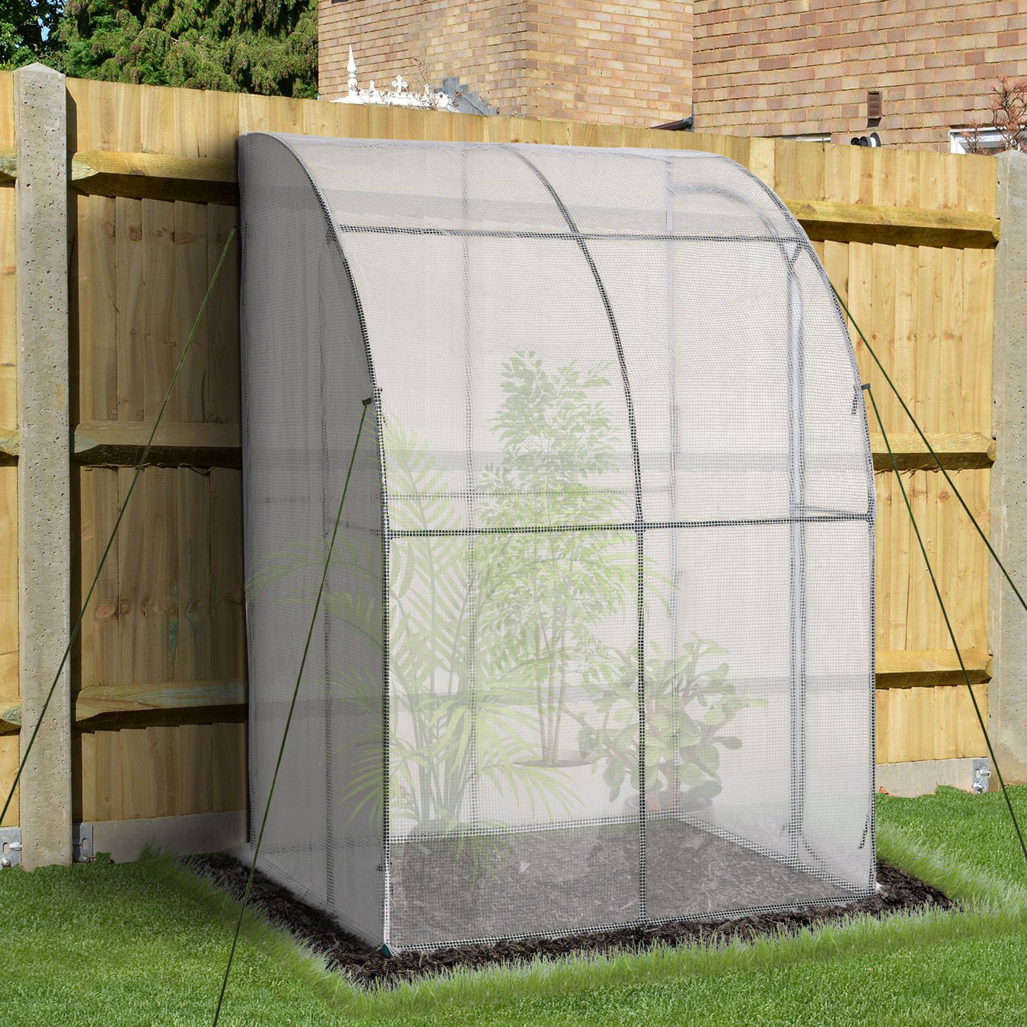Outsunny Lean to Wall Greenhouse Outdoor Walk-In with Zippered Roll Up Door, PE Cover, 143L x 118W x 212H cm, White