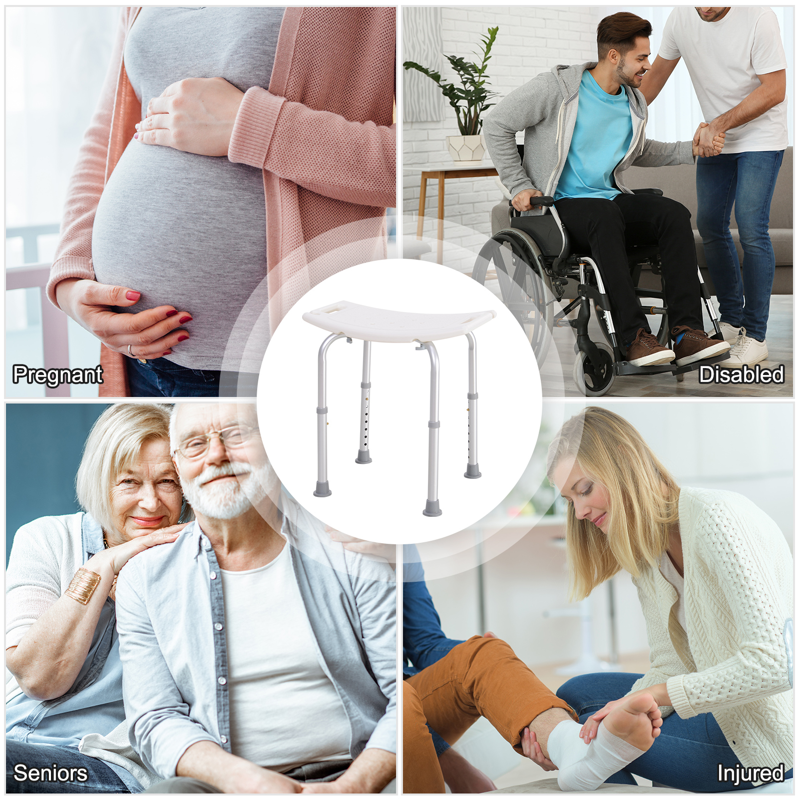 HOMCOM Portable Non-Slip Bathroom Stool Rectangular Adjustable Height Mobility Medical Grade Stabilized Shower Seat