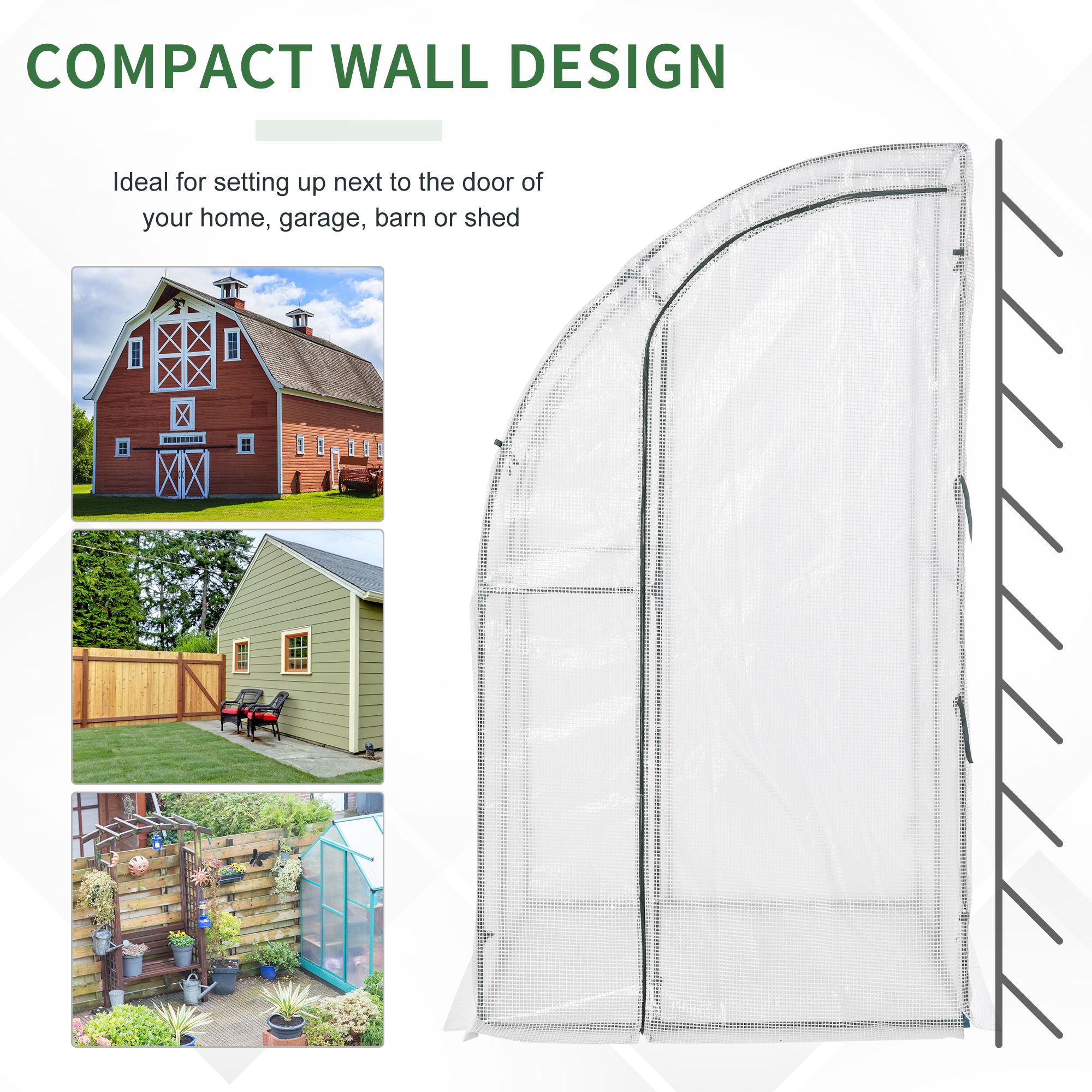 Outsunny Lean to Wall Greenhouse Outdoor Walk-In with Zippered Roll Up Door, PE Cover, 143L x 118W x 212H cm, White
